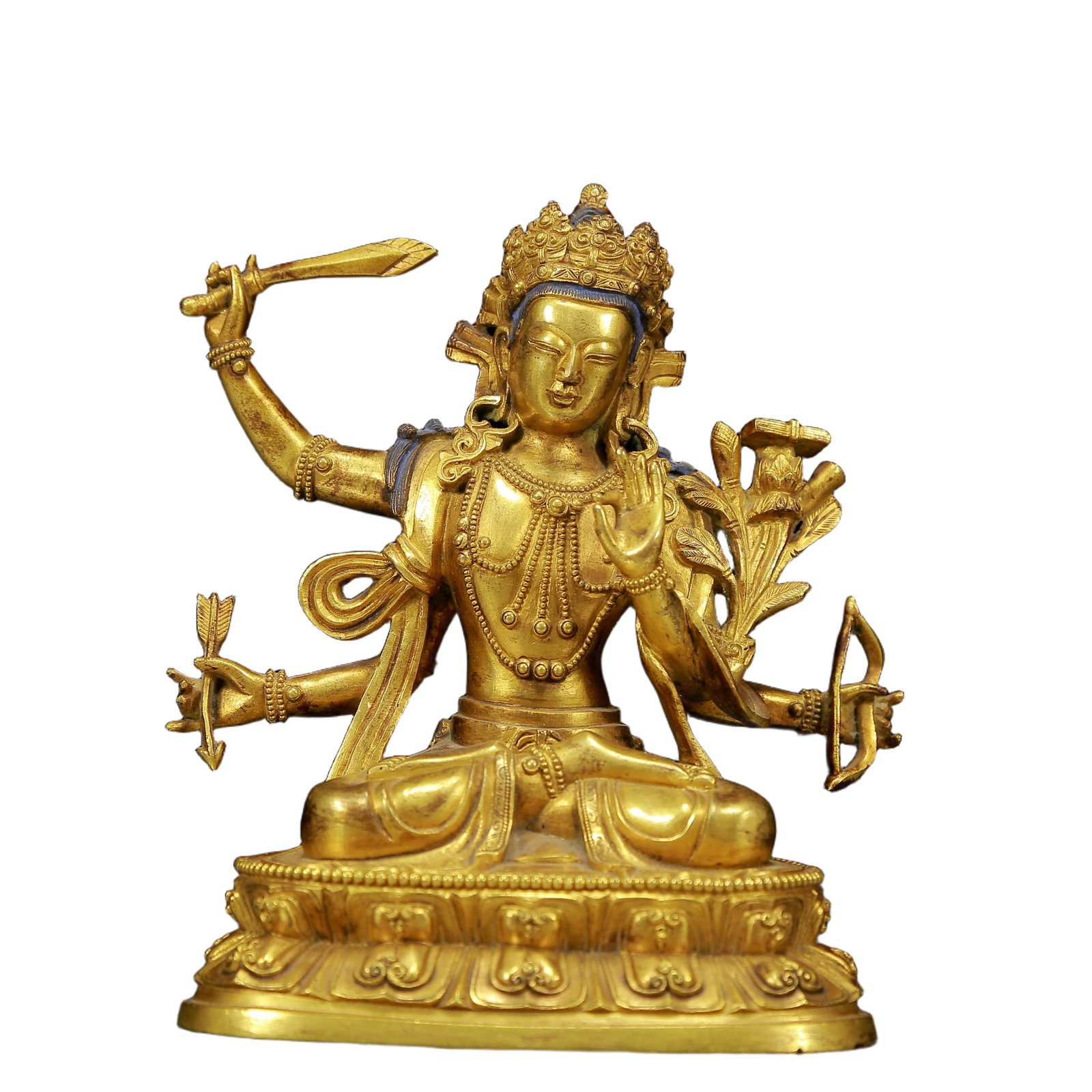 A Solemn Gilt Bronze Statue of Four-Armed Manjusri: A Solemn Gilt Bronze Statue of Four-Armed Manjusri,Ming Dynasty, China,Size:4.3inx3.1inx5.9in,Weight:1185g