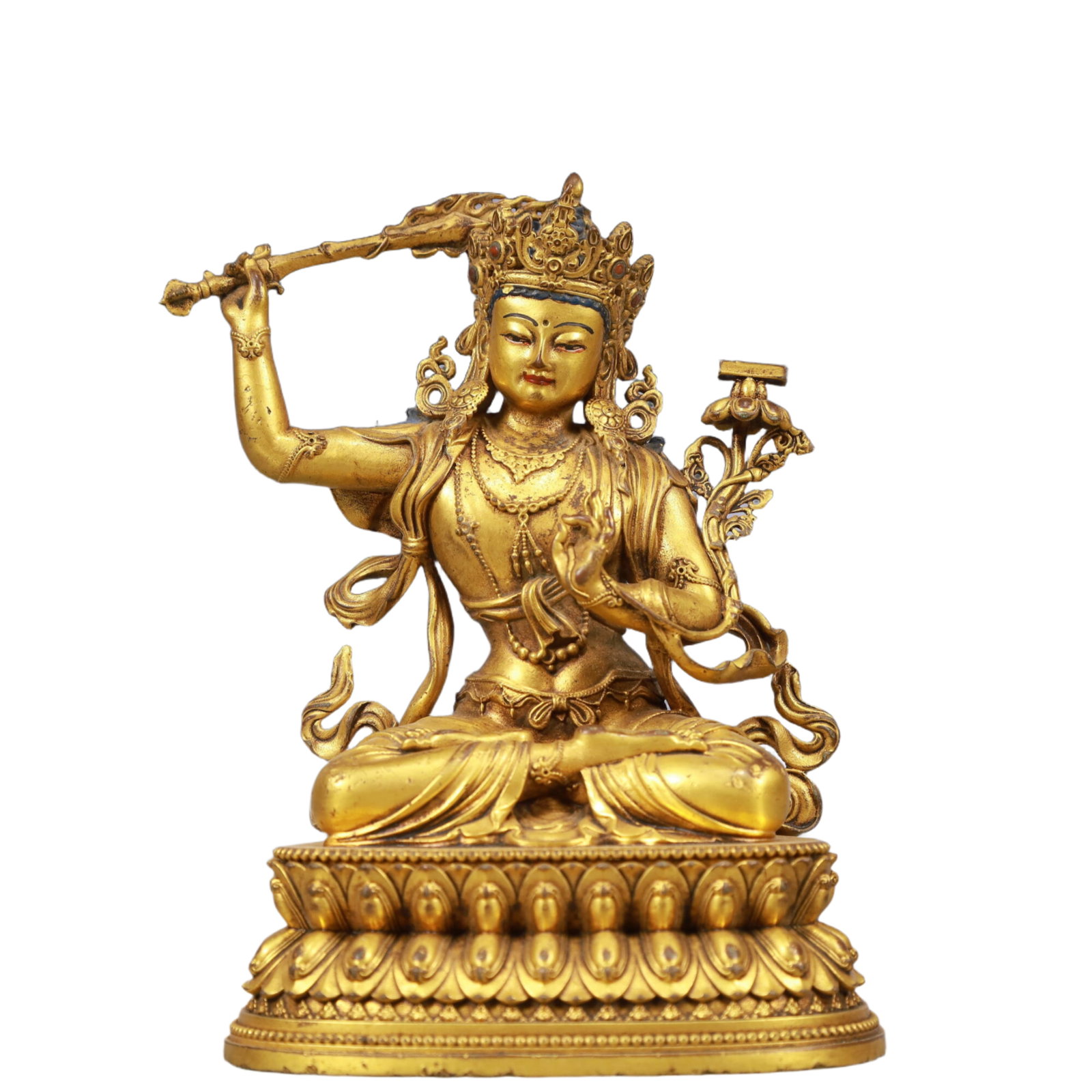 A Solemn Gilt Bronze Statue of Manjusri: A Solemn Gilt Bronze Statue of Manjusri, Size:4.3inxc3inx15m, Weight:650g 铜鎏金文殊菩萨像,尺寸:4.3inxc3inx15m,重量:650g