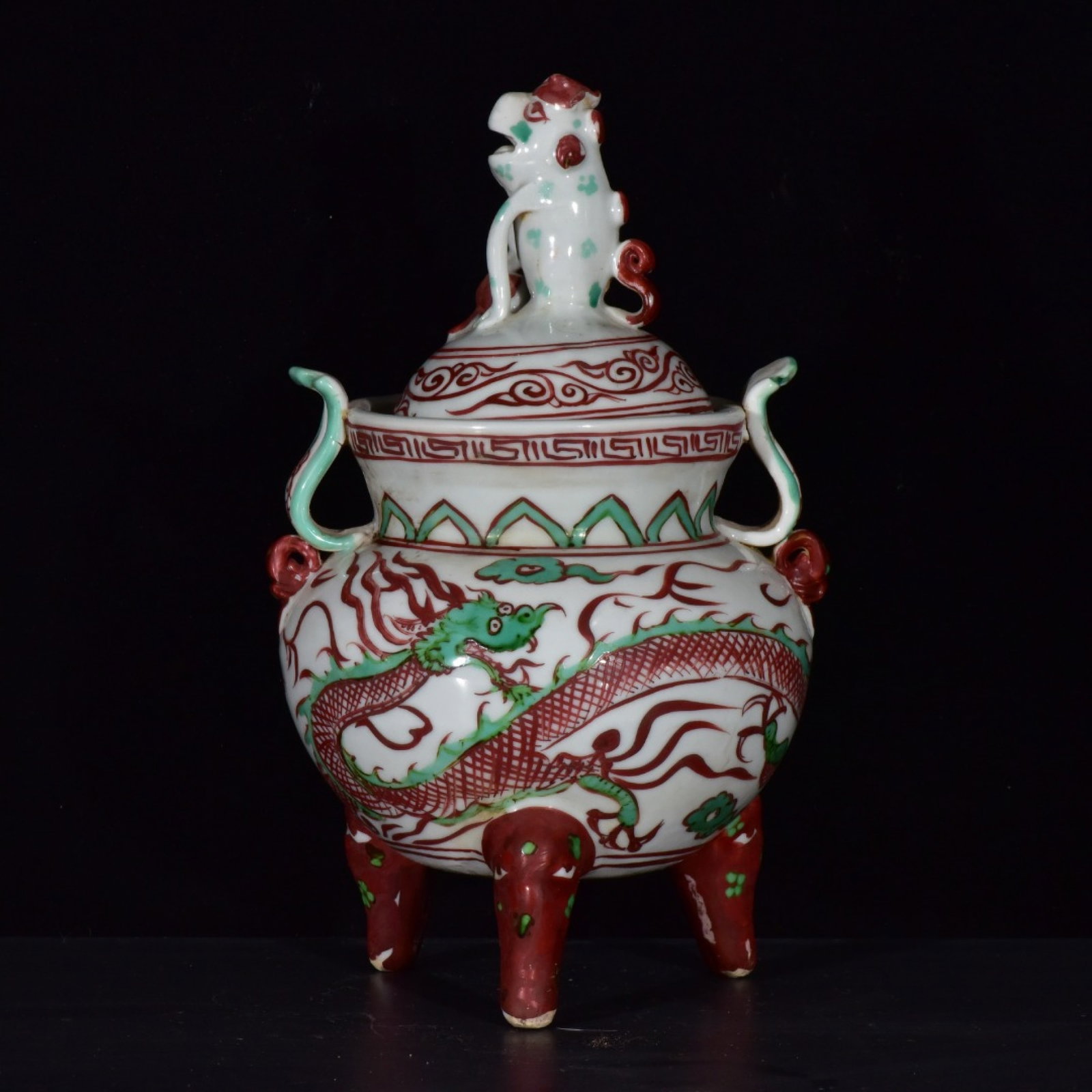 An Exquisite Red-and-Green Glazed Auspicious Cloud and Dragon Pattern Double-Ears and Tripod Censer: An Exquisite Red-and-Green Glazed Auspicious Cloud and Dragon Pattern Double-Ears and Tripod Censer,Qing Dynasty,China,Size:9.4inx5.5in 红绿彩祥云龙纹双