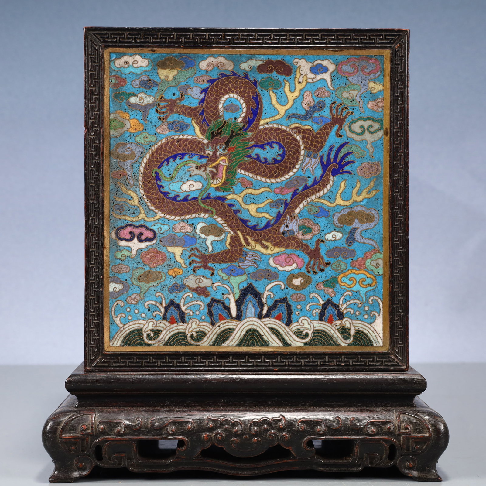 An Exquisite Zitanwood Inlaid Cloisonne Auspicious Cloud and Dragon Pattern Seal Box: An Exquisite Zitanwood Inlaid Cloisonne Auspicious Cloud and Dragon Pattern Seal Box,Qing Dynasty, China,Size:9.1inx10in,Weight:4150g