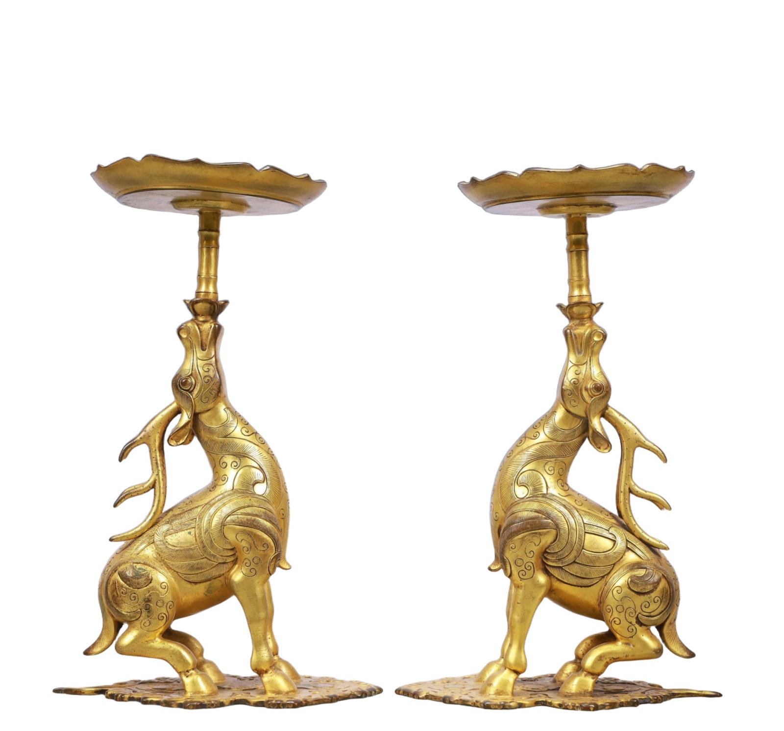A Pair of Exquisite Gilt Bronze Deer Candlesticks: A Pair of Exquisite Gilt Bronze Deer Candlesticks,Ming Dynasty, China,Size:5.9inx3.5inx9.1in Weight:2050g