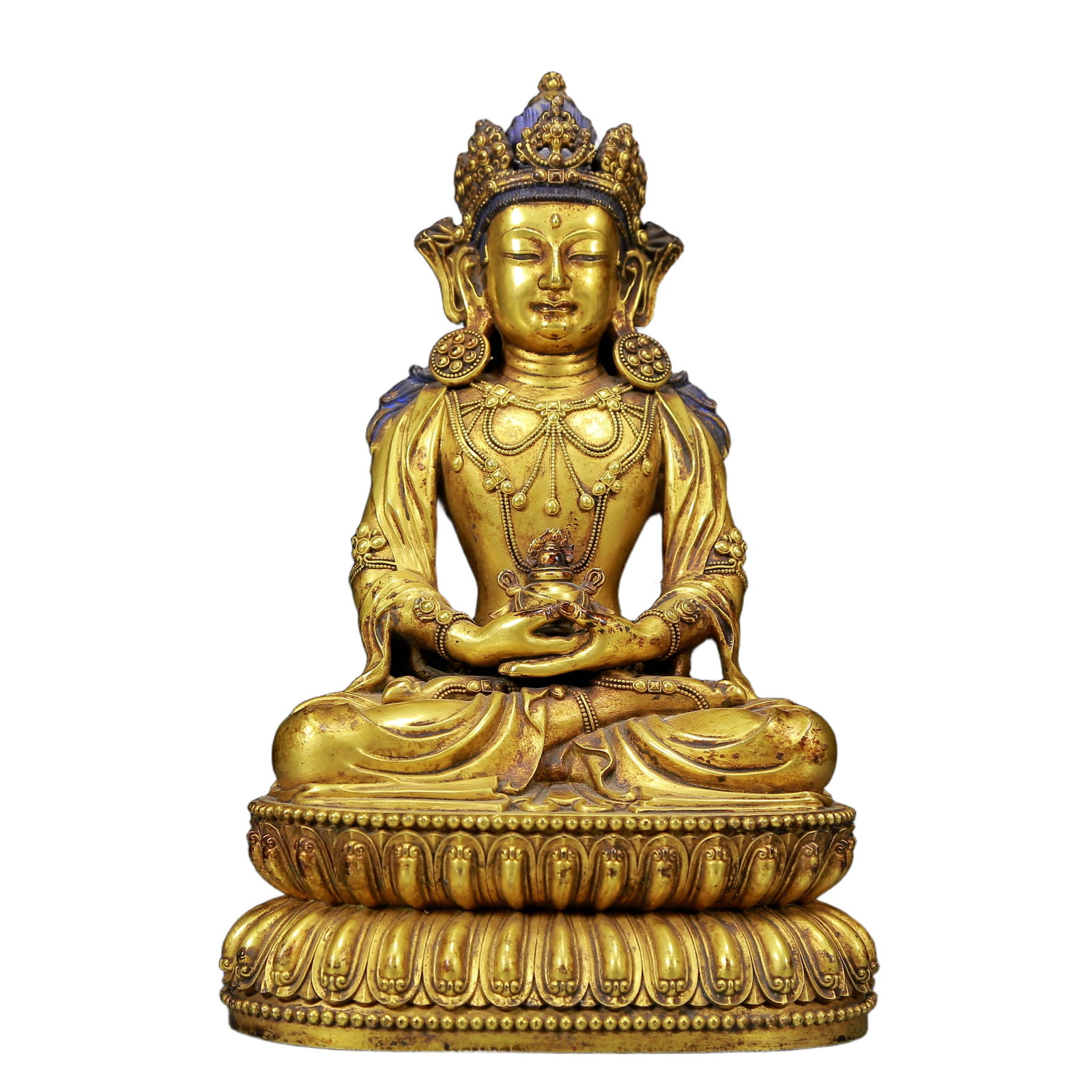 A Solemn Gilt Bronze Statue of Amitayus: A Solemn Gilt Bronze Statue of Amitayus,Ming Dynasty, China,Yongle Six-character Mark,Size:5.9inx4.3inx9.1in,Weight:2370g 铜鎏金无量寿佛像，਴