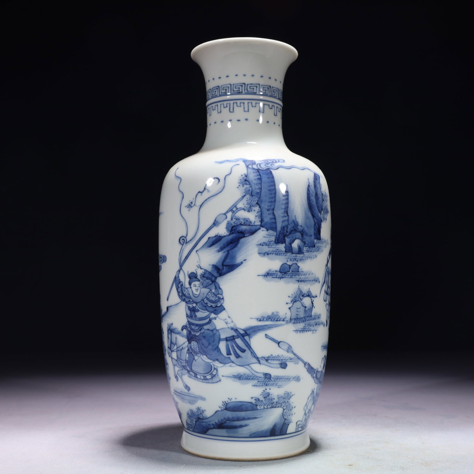 An Exquisite Blue and White Character and Story Pattern Vase: An Exquisite Blue and White Character and Story Pattern Vase,Qing Dynasty,China,Kangxi Six-character Mark,Size:3.9inx10.2in,Weight:800g
