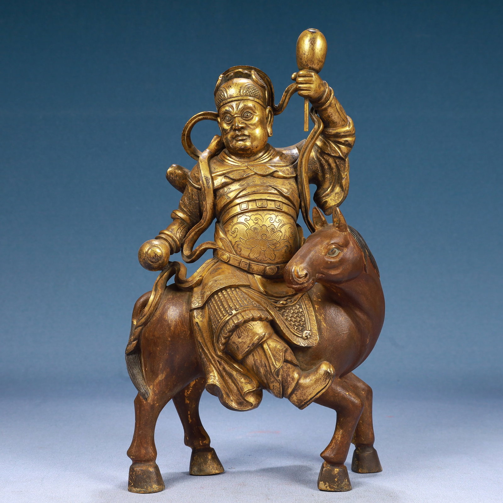 A Solemn Gilt Bronze Statue of Dharma Protector Rides the Horse: A Solemn Gilt Bronze Statue of Dharma Protector Rides the Horse,Qing Dynasty, China,Size:7.1inx3.1inx12.6in,Weight:4850g