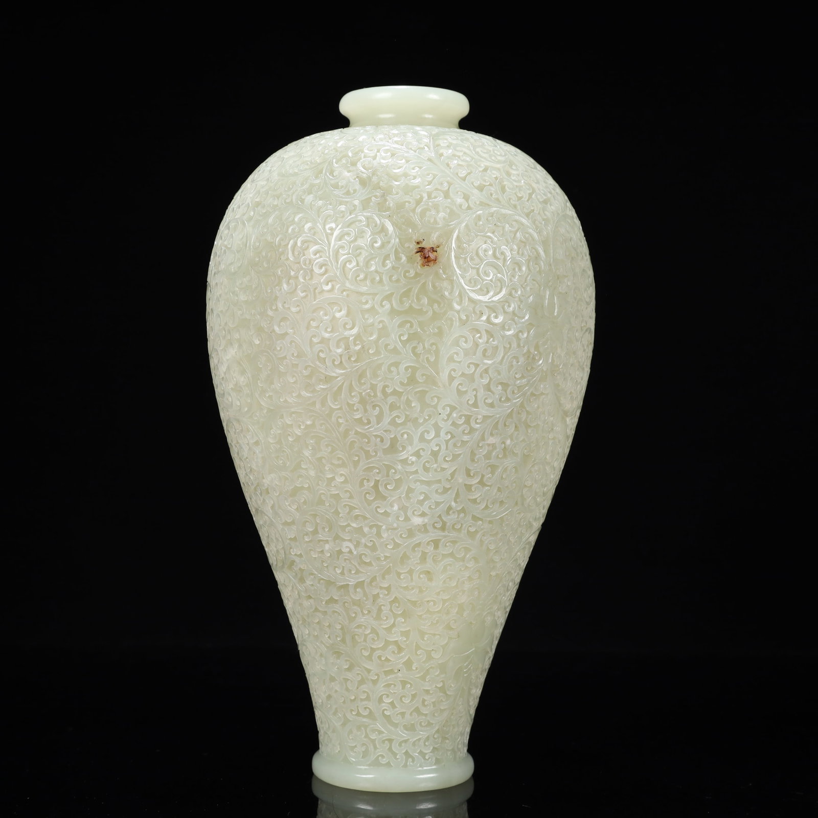 An Exquisite Greenish Jade Flower Pattern Vase: An Exquisite Greenish Jade Flower Pattern Vase,Qing Dynasty, China,Qianlong Four-character Mark,Size:5.5inx11.4in,Weight:2700g 青白玉花卉纹瓶,中国