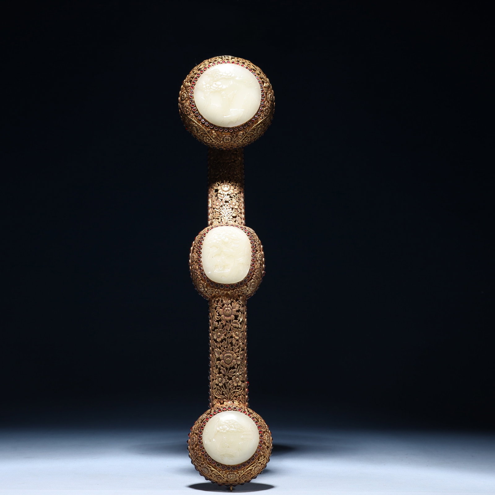 An Exquisite Gilt Bronze Inlaid White Jade Flower Pattern Ruyi: An Exquisite Gilt Bronze Inlaid White Jade Flower Pattern Ruyi, Qing Dynasty,China, Qianlong Six-character Mark, Size:18.5inx4.3inx3.5in,(Box)22inx6.7inx5.9in,Weight:1100g