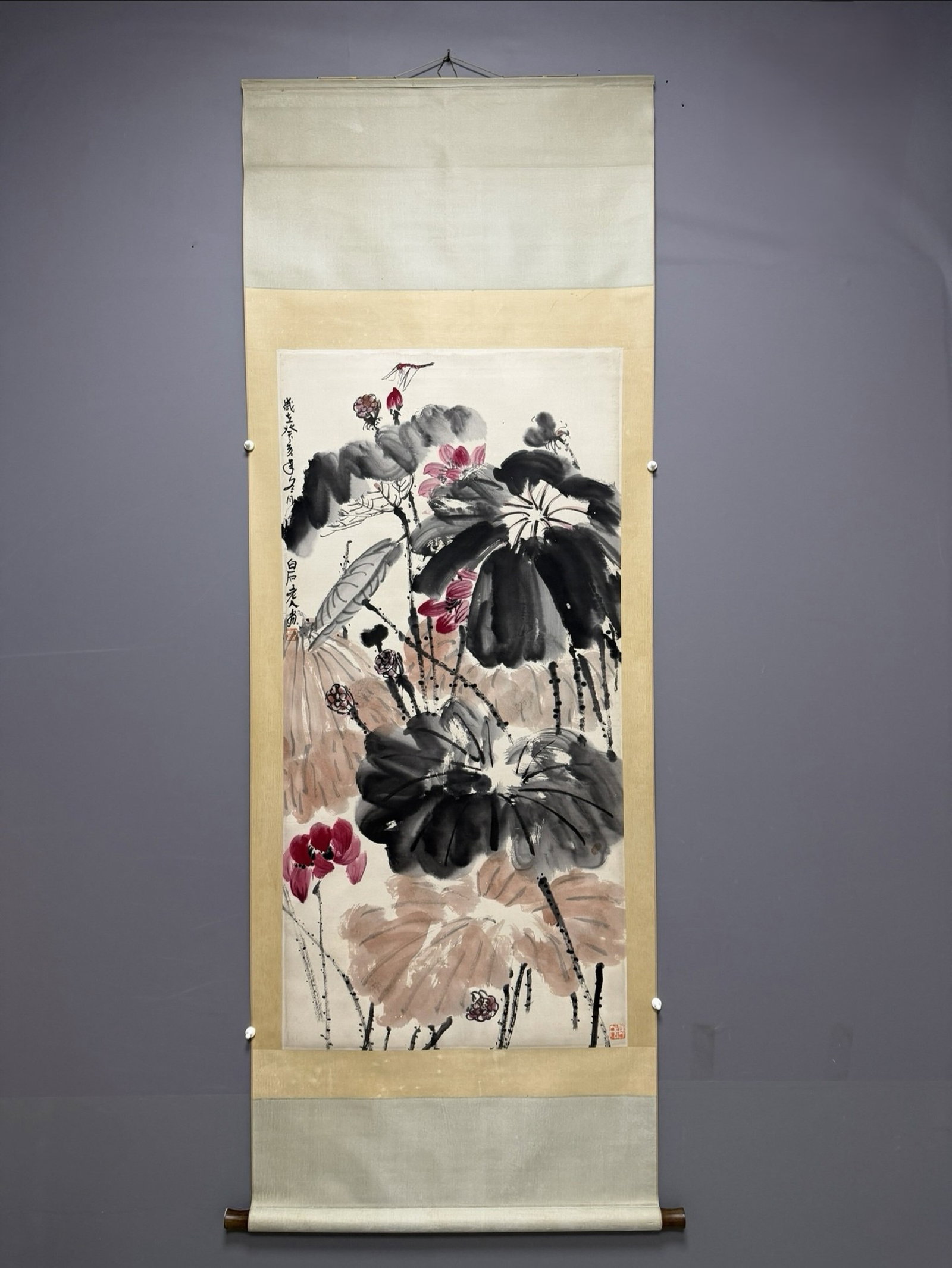 A Chinese Vertical Scroll Ink Painting of Lotus on Paper: A Chinese Vertical Scroll Ink Painting of Lotus on Paper,Qi Baishi,Size:54.3inx26.8in 一幅中国水墨荷花画立轴,齐白石