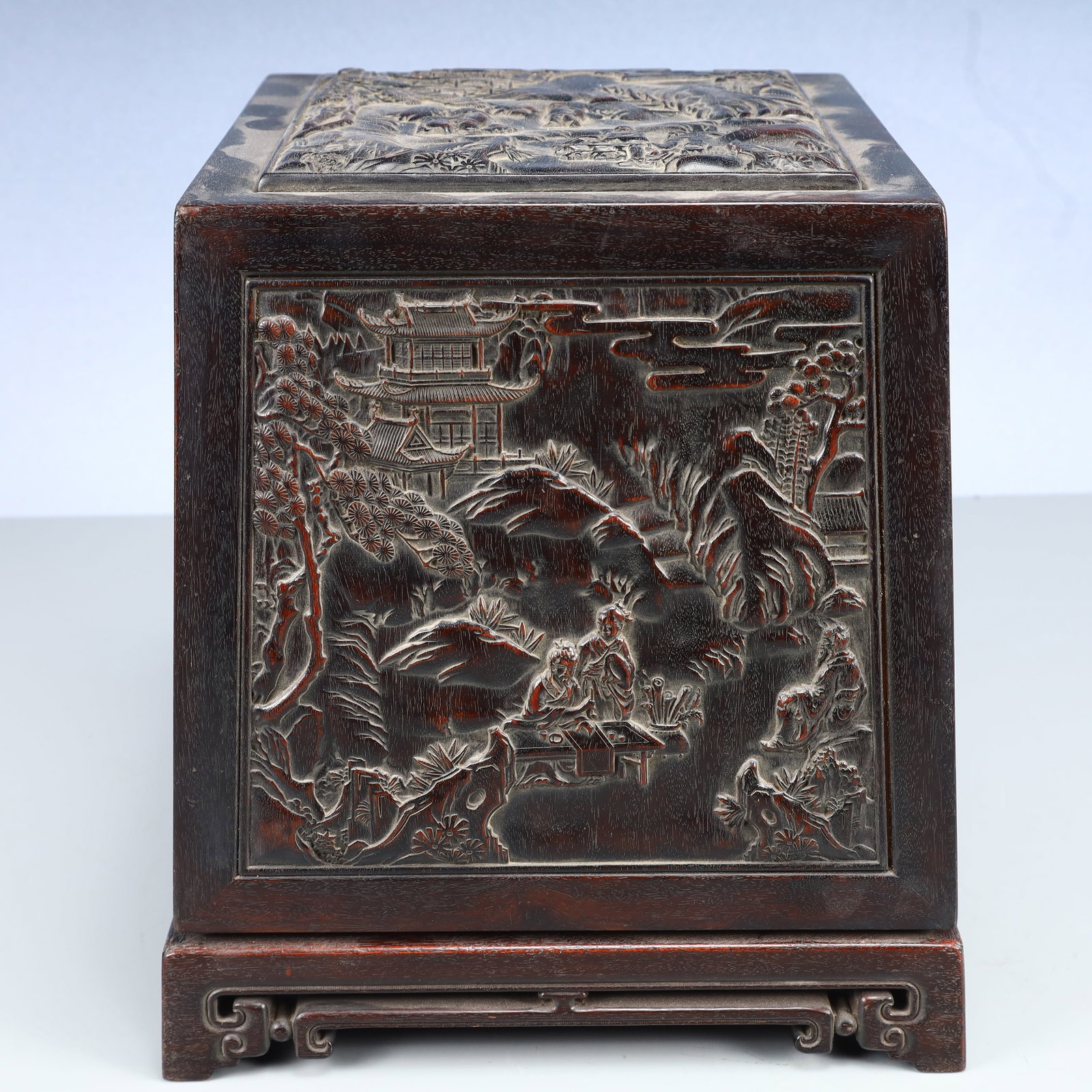 An Exquisite Zitanwood Landscape and Figure Pattern Seal Box: An Exquisite Zitanwood Landscape and Figure Pattern Seal Box,Qing Dynasty, China,Size:9.8inx10.6in,Weight:2400g