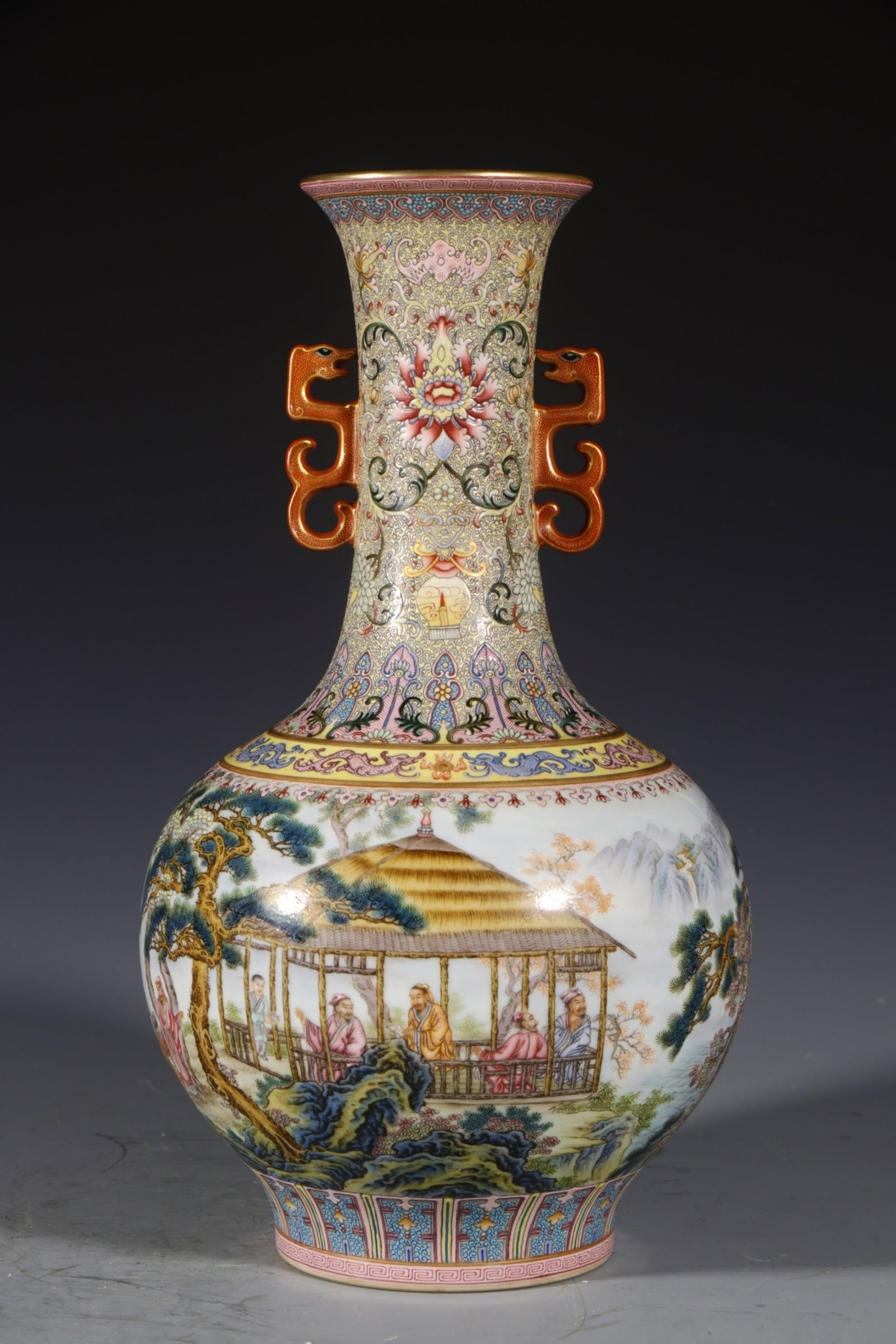 A Rare Enamel Character and Story Pattern Double-Ears Vase: A Rare Enamel Character and Story Pattern Double-Ears Vase,Qing Dynasty,China,Qianlong Six-character Mark,Size:13.8inx4.3in