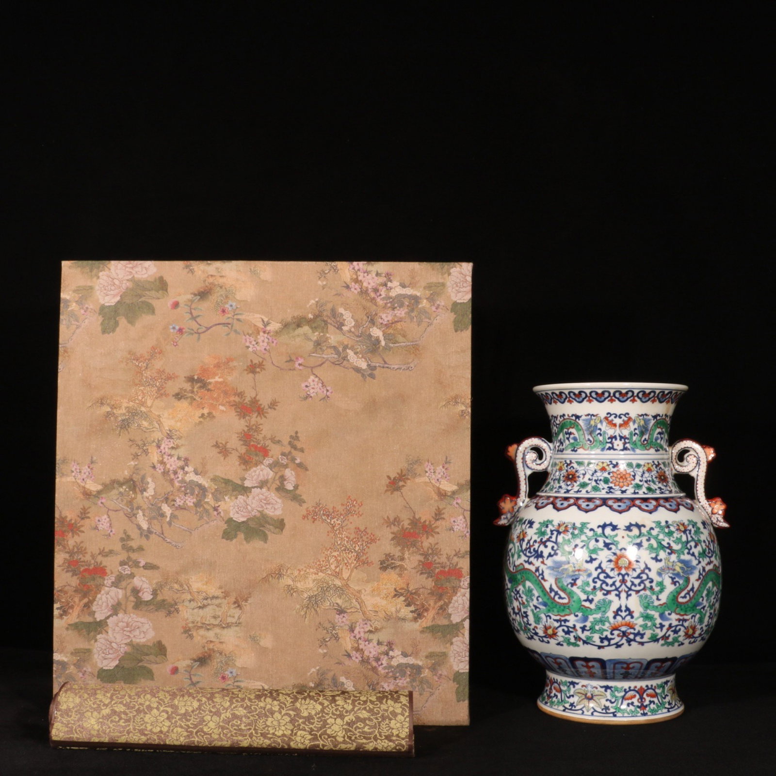 A Rare Doucai Lotus and Dragon Pattern Double-Ears Vase,with Chinese Vertical Scroll Ink Painting on (1 of 9)