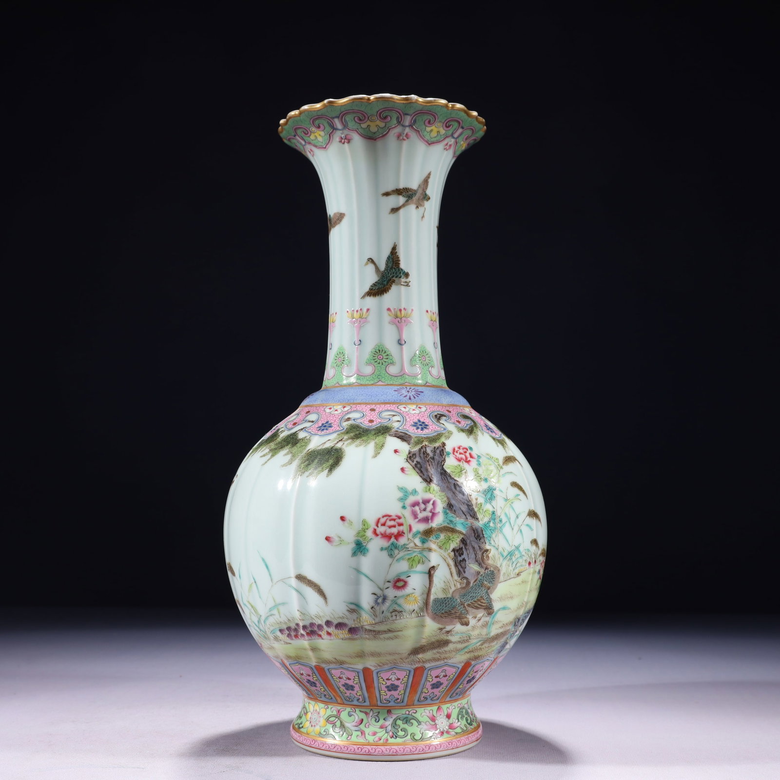 An Exquisite Famille-Rose Flower and Bird Pattern Vase,with poem: An Exquisite Famille-Rose Flower and Bird Pattern Vase,with poem,Qing Dynasty,China,Qianlong Six-character Mark,Size:6.3inx13.4in,Weight:1750g 粉彩花鸟纹瓶，&