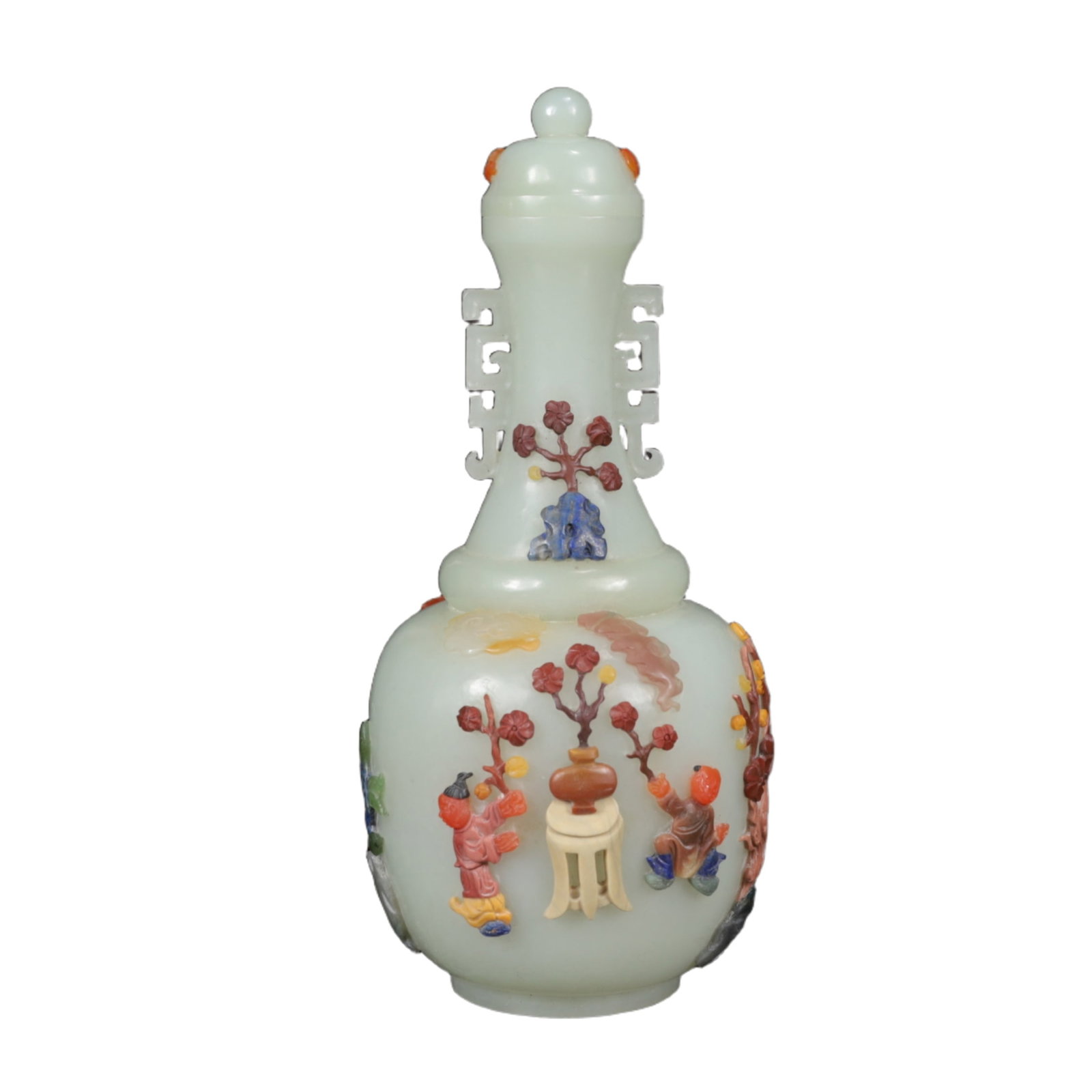 An Exquisite White Jade Inlaid Gems Character and Story Pattern Double-Ears Bottle: An Exquisite White Jade Inlaid Gems Character and Story Pattern Double-Ears Bottle,Qing Dynasty,China,Qianlong Four-character Mark,Size:3.1inx7.9in,Weight:350g