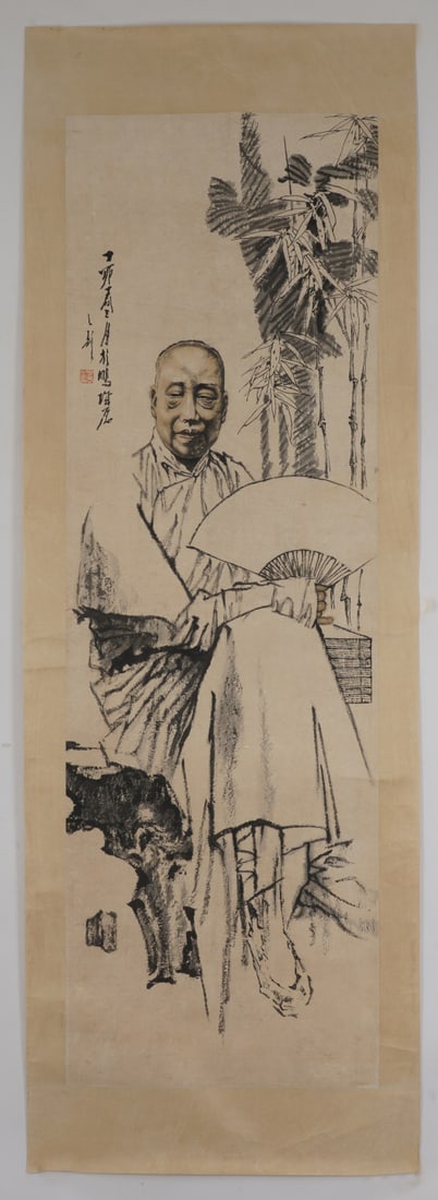 A Chinese Ink Painting of Figure on Paper: A Chinese Ink Painting of Figure on Paper,Wang Ziwu,Size:69.3inx22in 一幅中国水墨人物画,王子武
