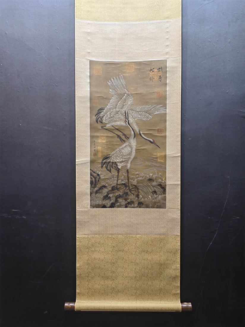 A Chinese Vertical Scroll Ink Painting of Crane on Silk,Xu Congsi: A Chinese Vertical Scroll Ink Painting of Crane on Silk,Xu Congsi,Size:13.1inx25.4in