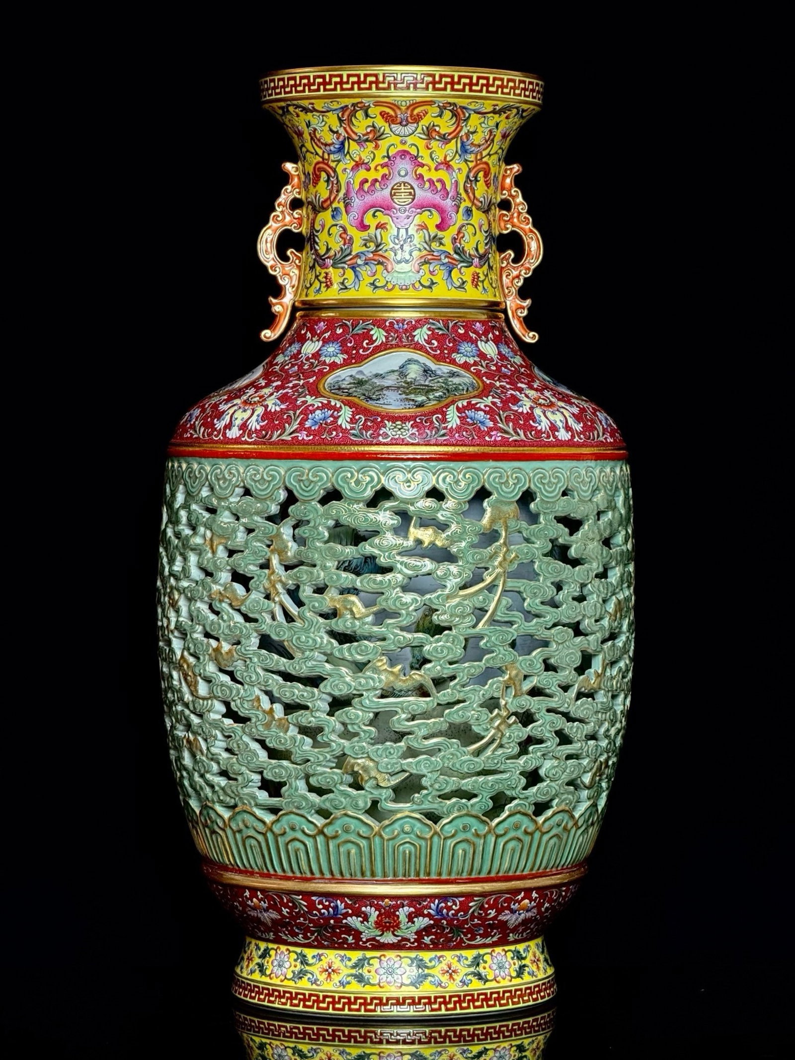 A Huge Yellow Ground Ruby Red-Glazed Auspicious Cloud and Bats Pattern Double-Ears Vase: A Huge Yellow Ground Ruby Red-Glazed Auspicious Cloud and Bats Pattern Double-Ears Vase,Qing Dynasty,China,Qianlong Four-character Mark,Size:25.1inx13in 黄地胭脂红祥