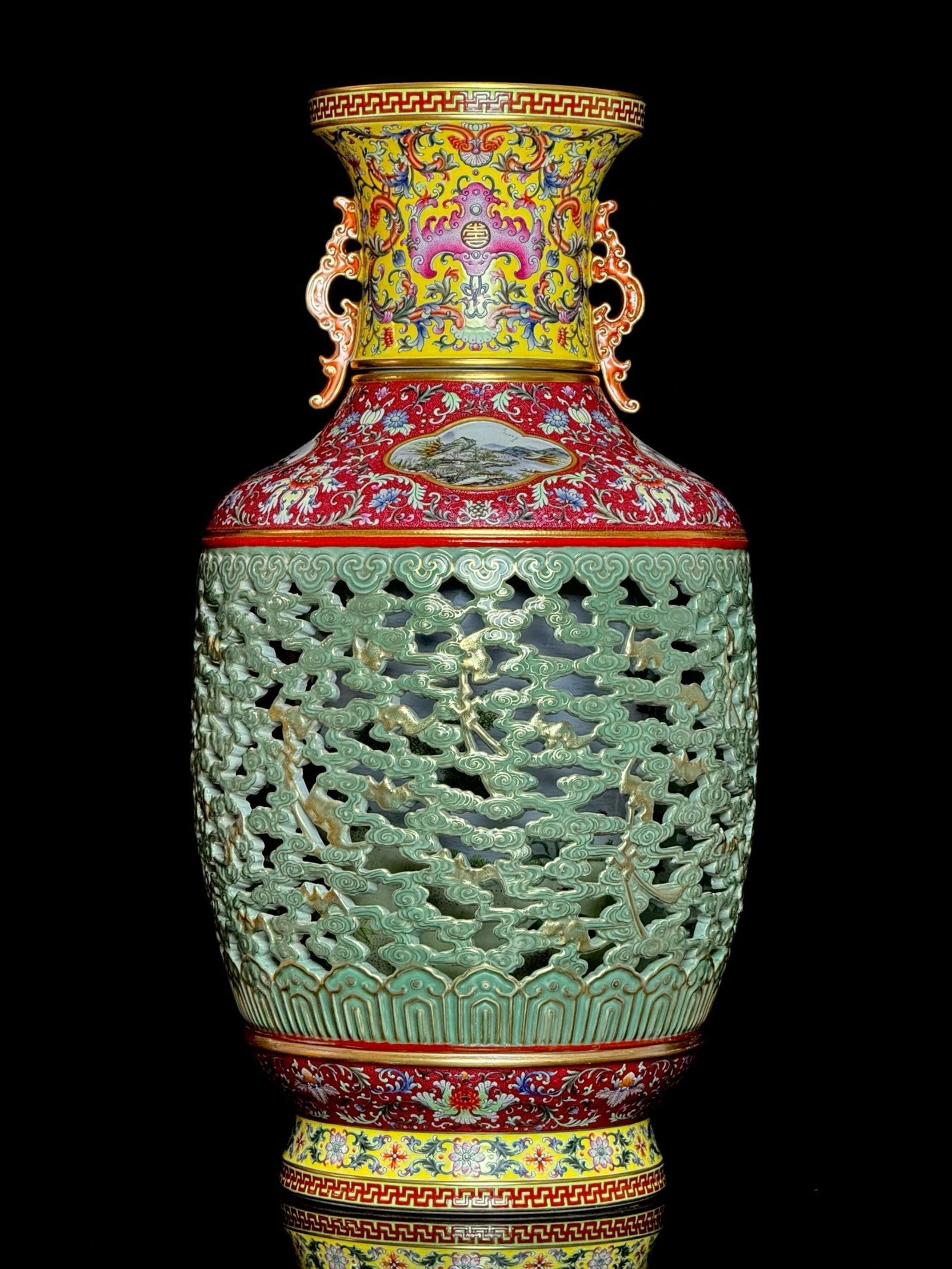 A Huge Yellow Ground Ruby Red-Glazed Auspicious Cloud and Bats Pattern Double-Ears Vase - 2