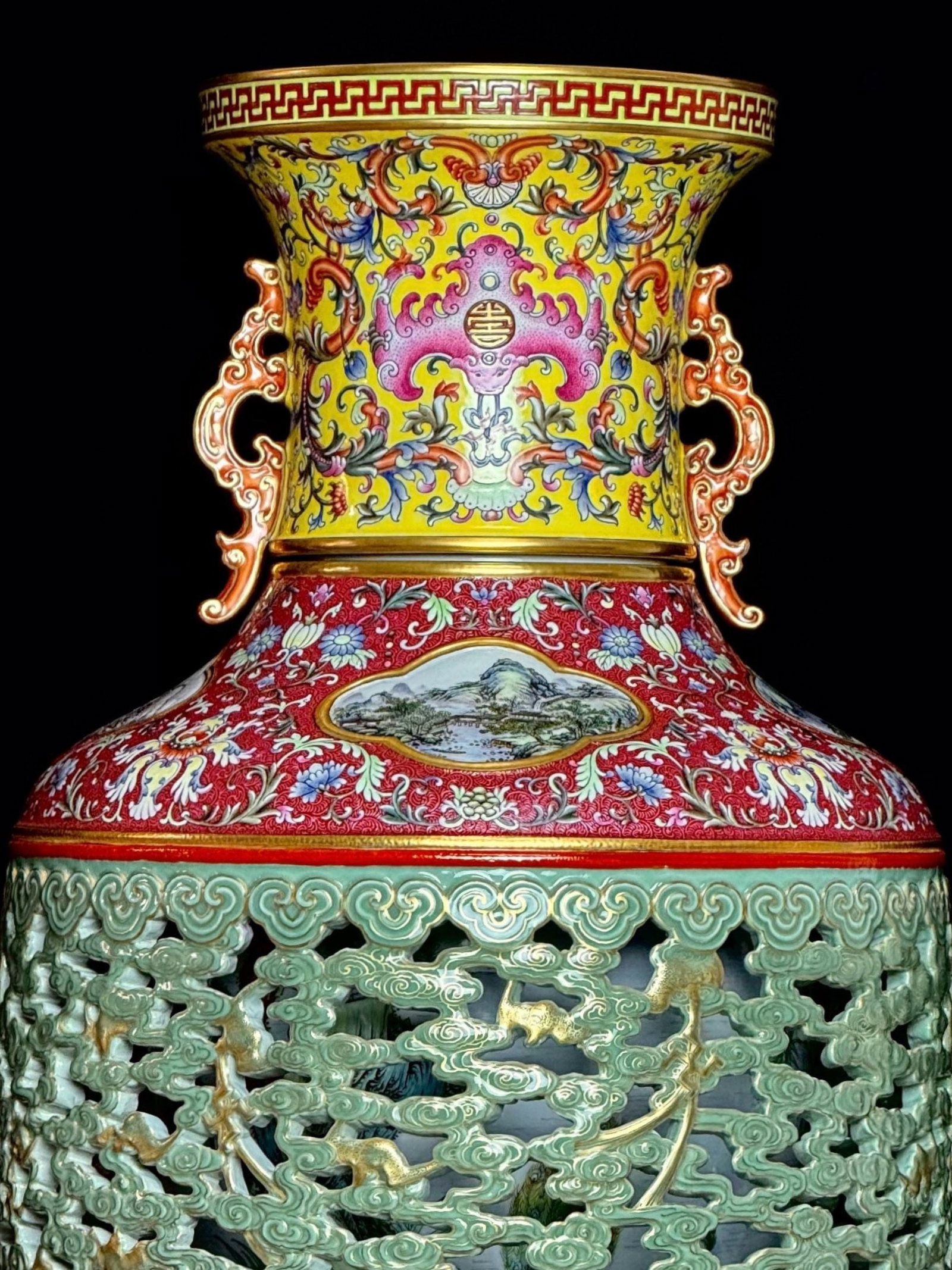 A Huge Yellow Ground Ruby Red-Glazed Auspicious Cloud and Bats Pattern Double-Ears Vase - 5