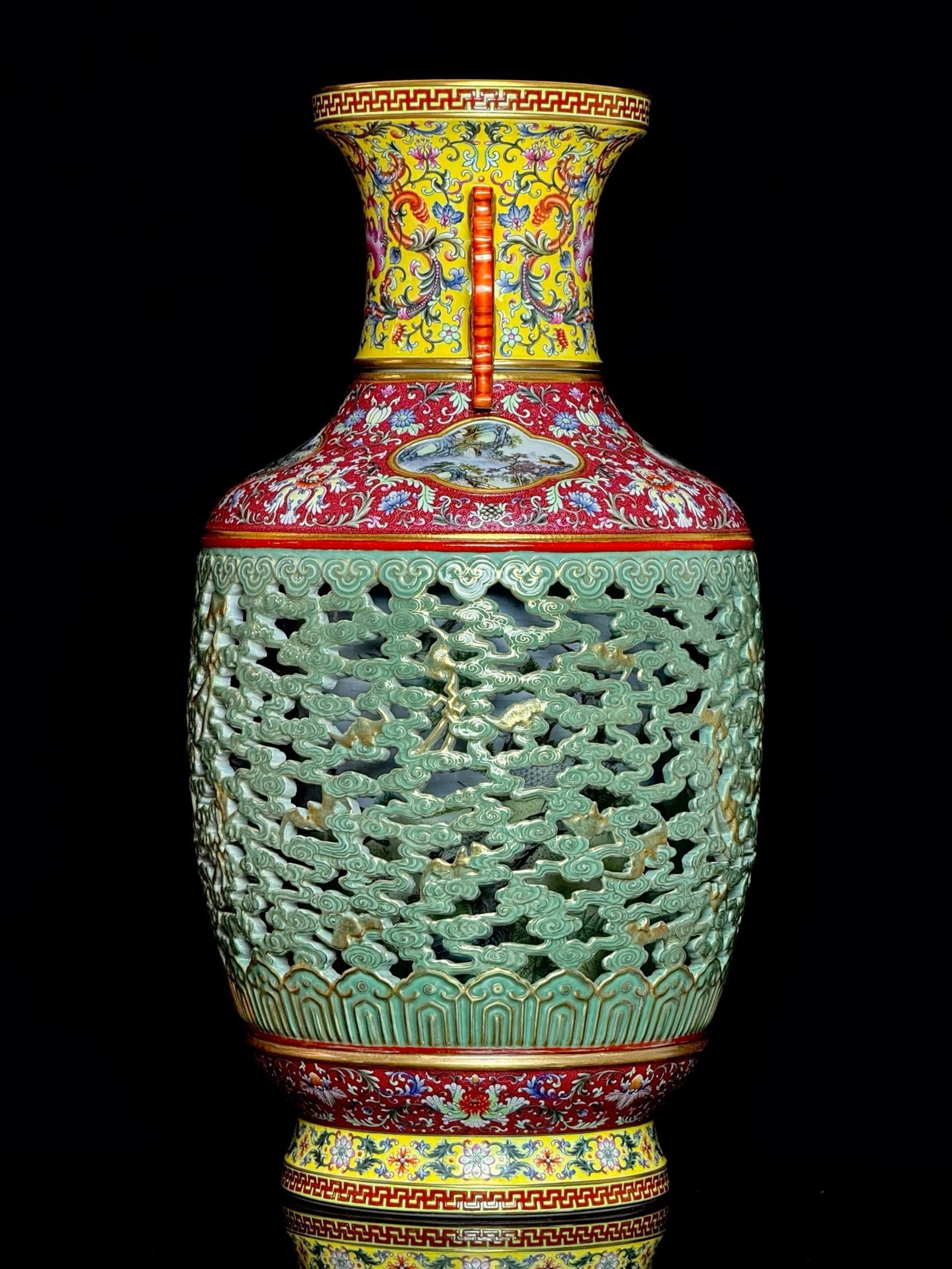 A Huge Yellow Ground Ruby Red-Glazed Auspicious Cloud and Bats Pattern Double-Ears Vase - 8