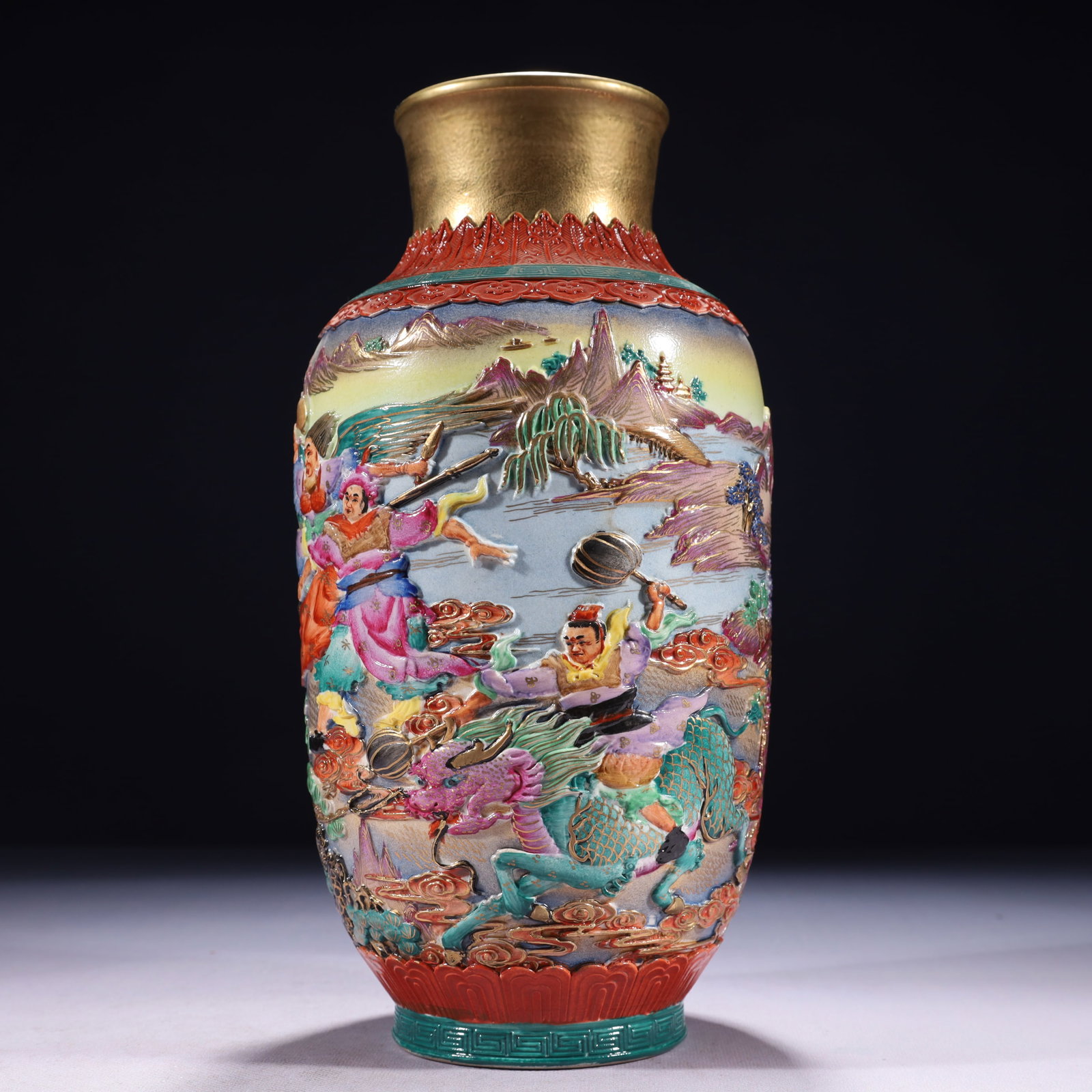 An Exquisite Famille-Rose Gold Ground Character and Story Pattern Vase: An Exquisite Famille-Rose Gold Ground Character and Story Pattern Vase,Qing Dynasty,China,Qianlong Six-character Mark,Size:5.5inx12.2in,Weight:2050g 粉彩金地人物