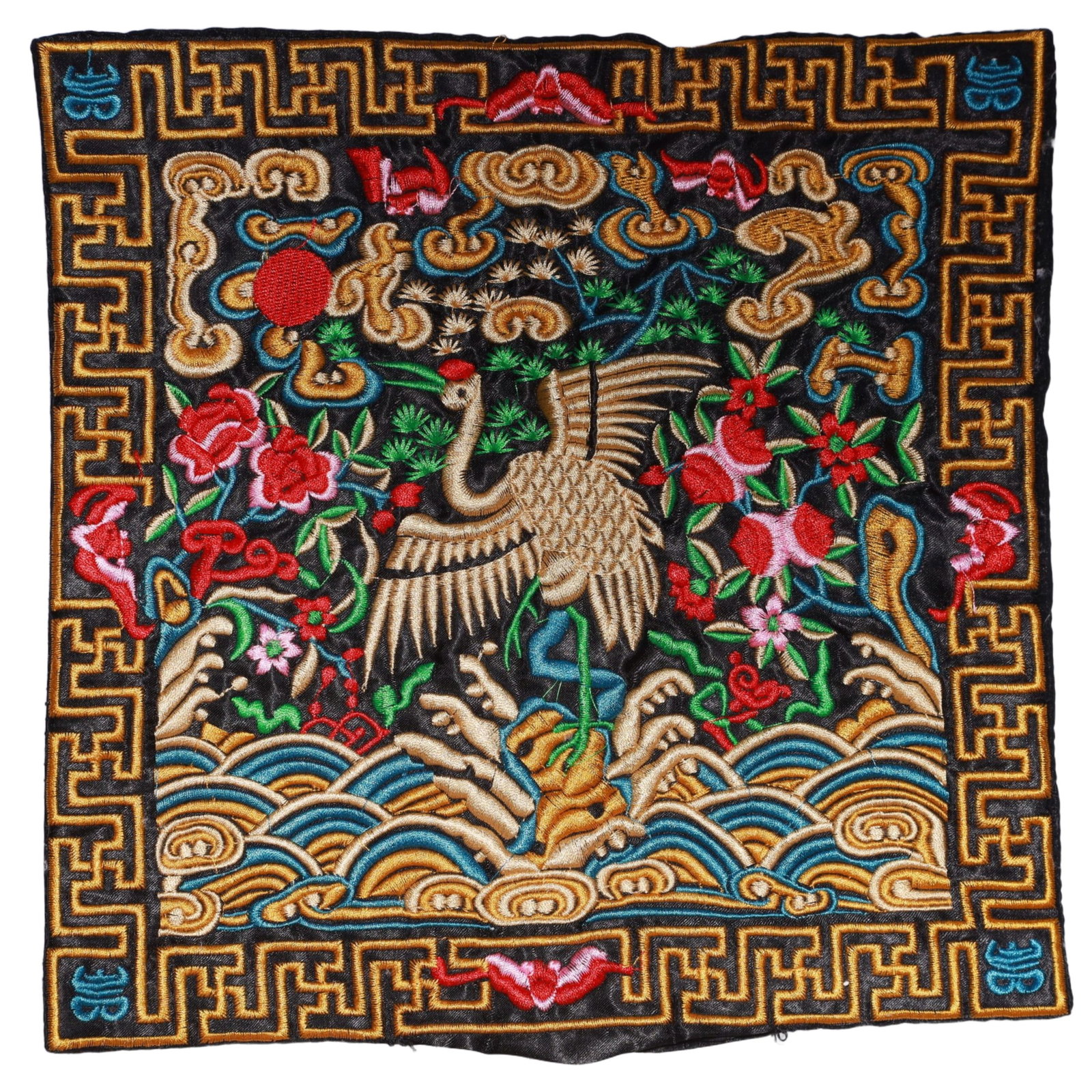 An Exquisite Embroidery Crane Pattern Civil Official Rank Badges: An Exquisite Embroidery Crane Pattern Civil Official Rank Badges,Qing Dynasty,China,Size:10.2inx10.2in 刺绣仙鹤官补,中国清代