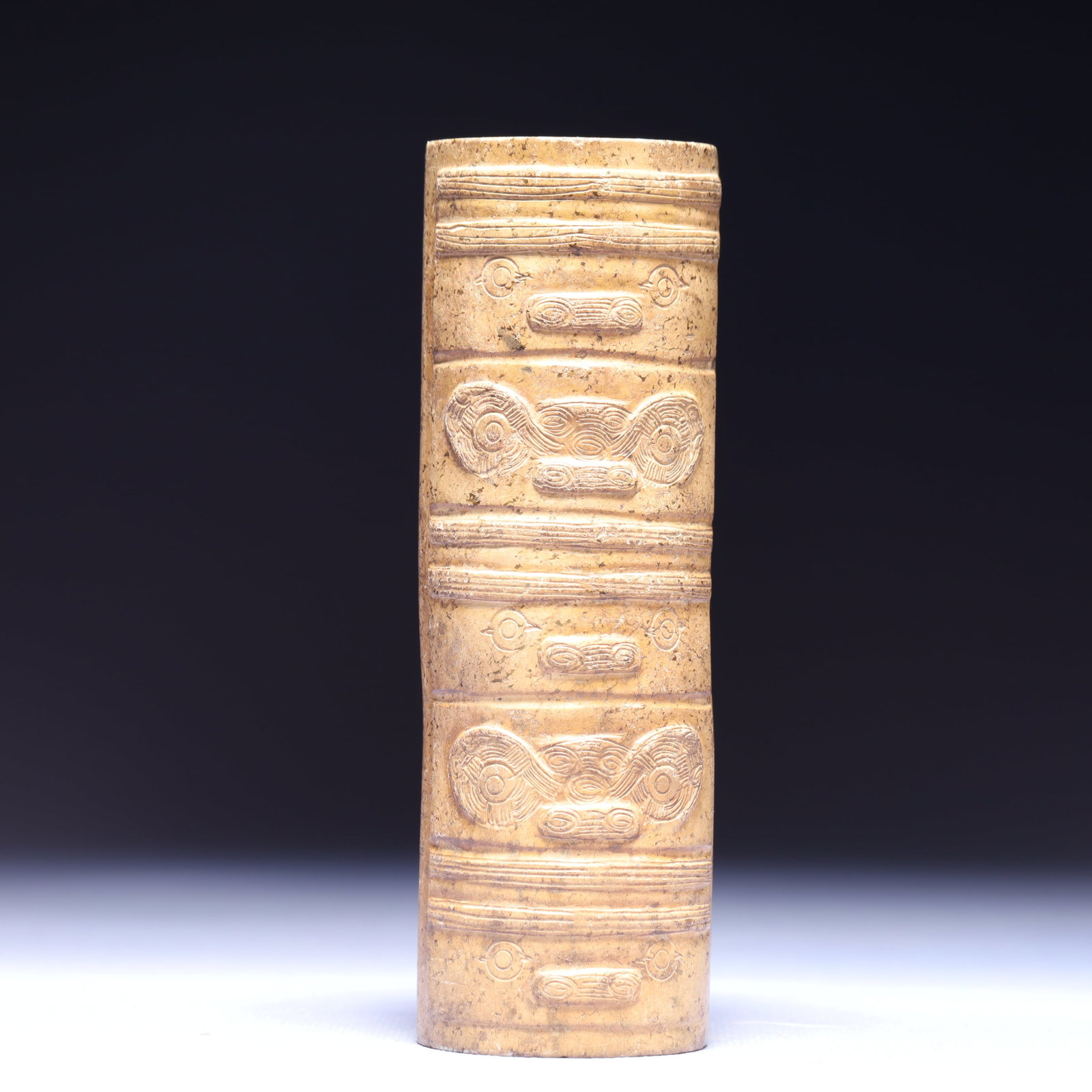 An Archaic Hongshan Culture Yellow Jade Beast-Face Pattern Ornament: An Archaic Hongshan Culture Yellow Jade Beast-Face Pattern Ornament,Ancient Time,China,Size:1.8inx5.3in,Weight:281g