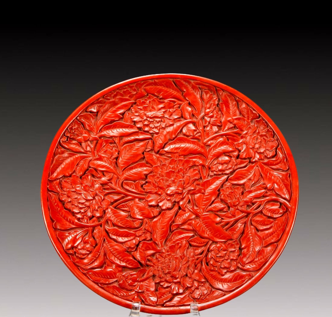 A Rare Carved Red Lacquer Flower Pattern Plate (1 of 8)