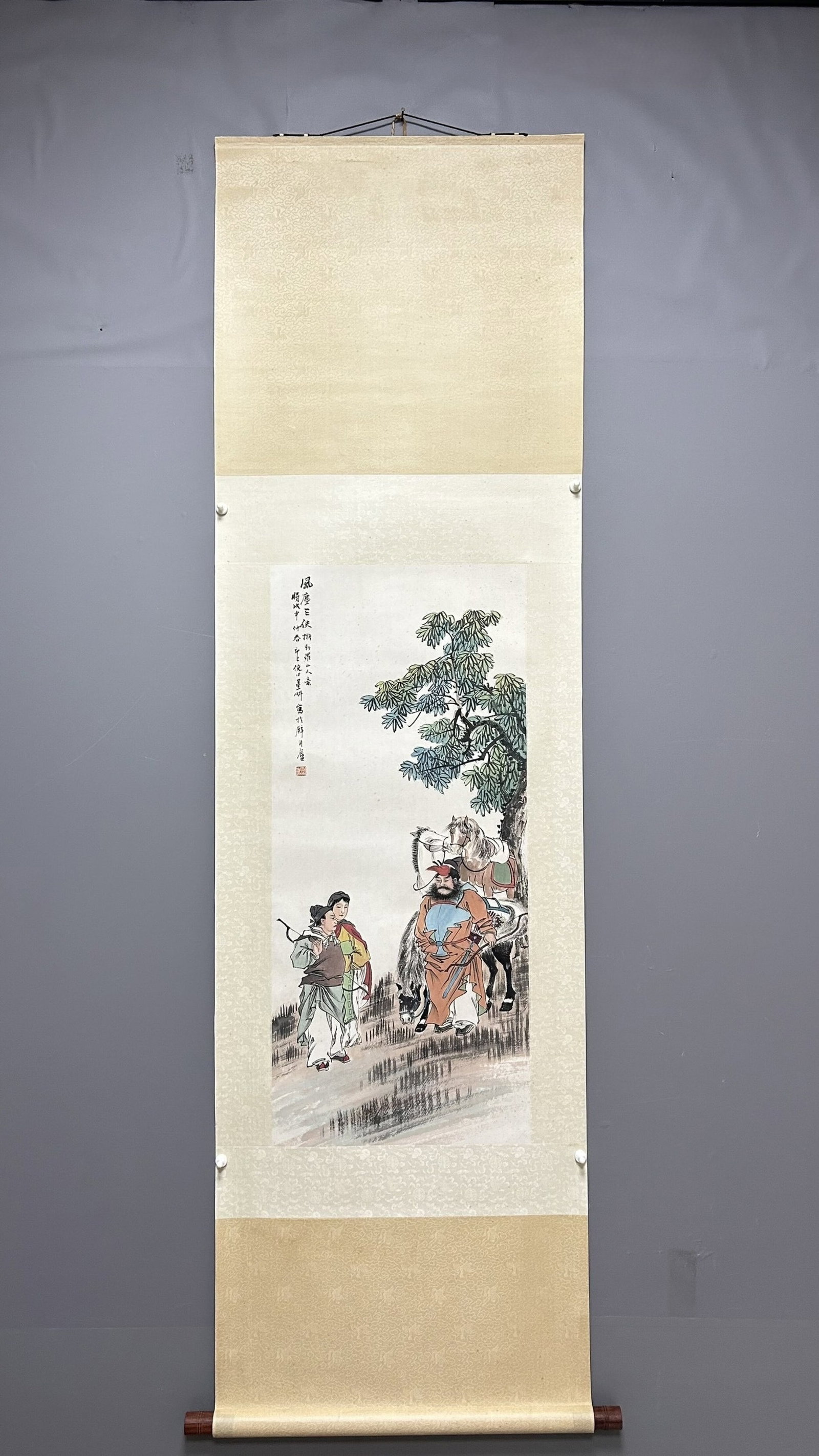A Chinese Vertical Scroll Ink Painting of Character and Story on Paper: A Chinese Vertical Scroll Ink Painting of Character and Story on Paper,Ni Tian,Size:37.8inx16.9in 一幅中国水墨人物故事画立๘