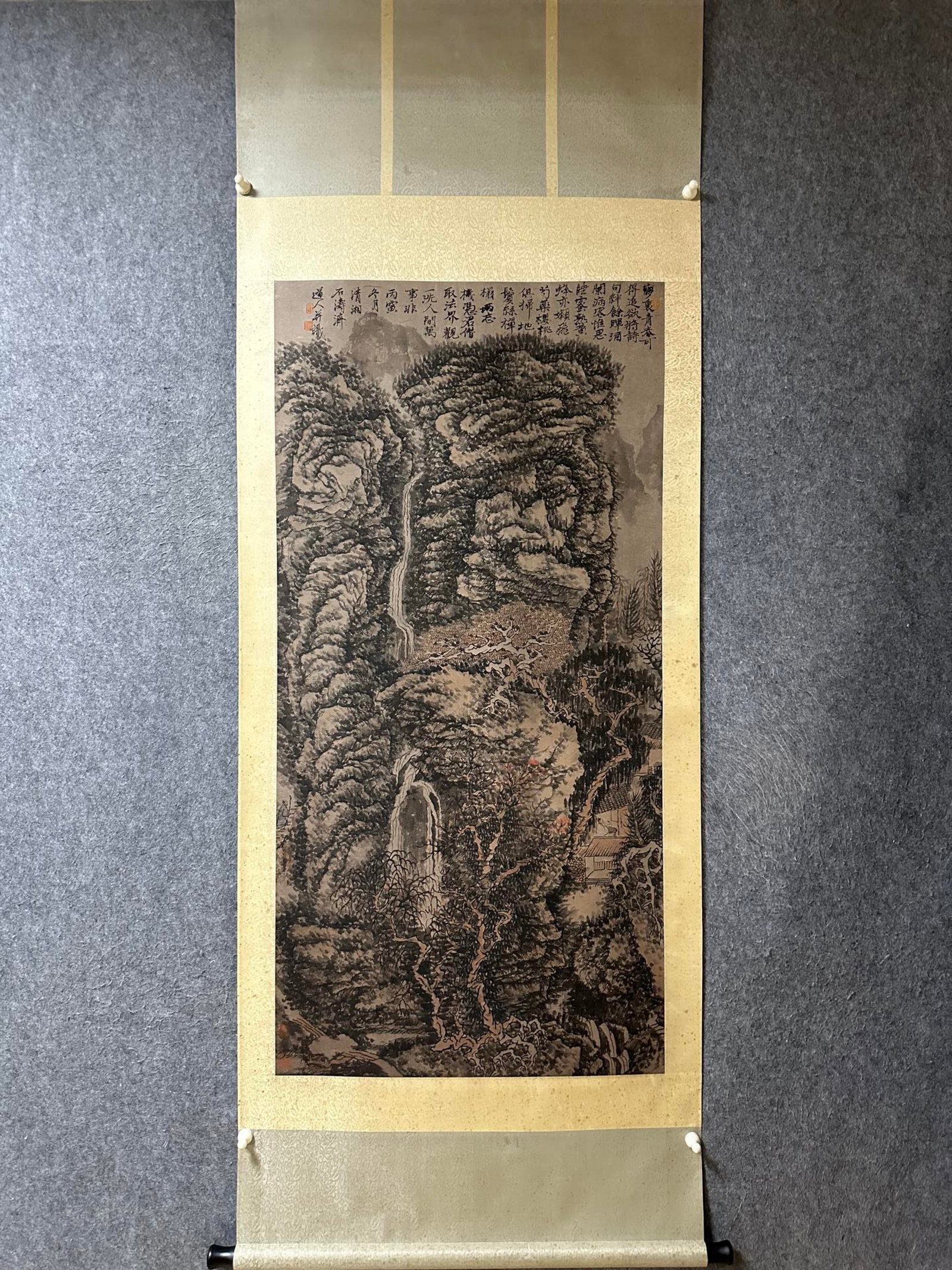A Chinese Vertical Scroll Ink Painting of Landscape on Paper (1 of 9)