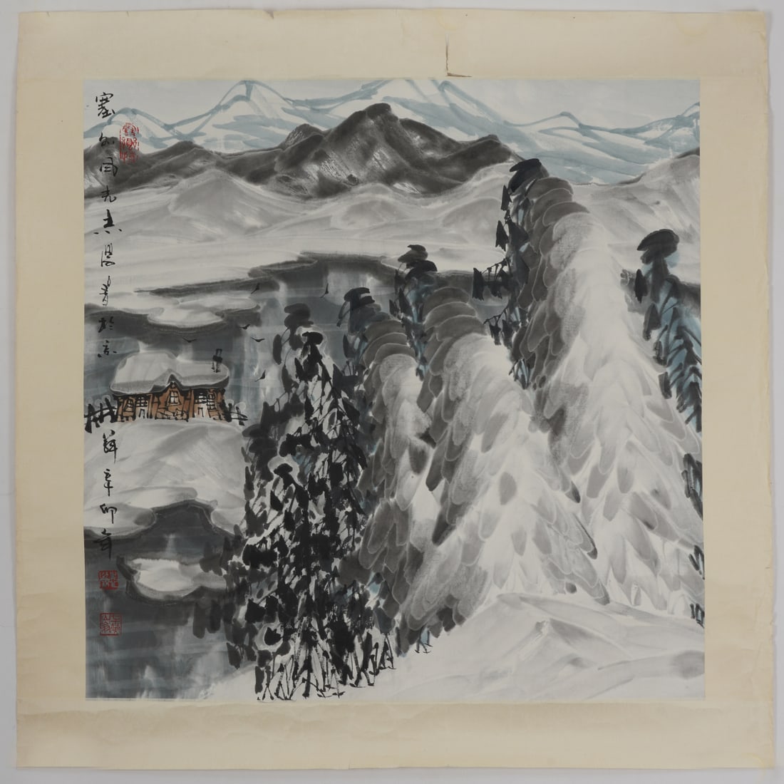 A Chinese Ink Painting of Landscape on Paper: A Chinese Ink Painting of Landscape on Paper,Yu Zhixue,Size:26.8inx22.8in 一幅中国水墨山水画,于志学