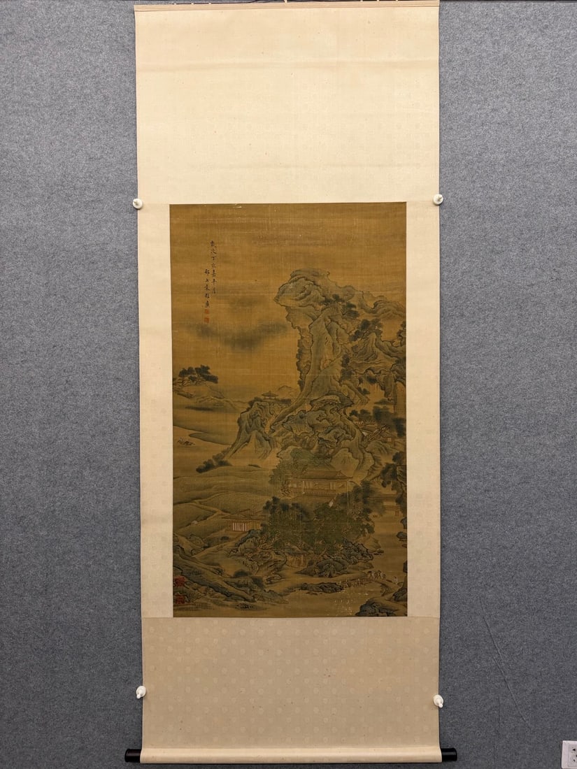 A Chinese Vertical Scroll Ink Painting of Landscape on Silk: A Chinese Vertical Scroll Ink Painting of Landscape on Silk,Yuan Yao,Size:50inx28.3in 一幅中国水墨绢本山水画立轴,袁&