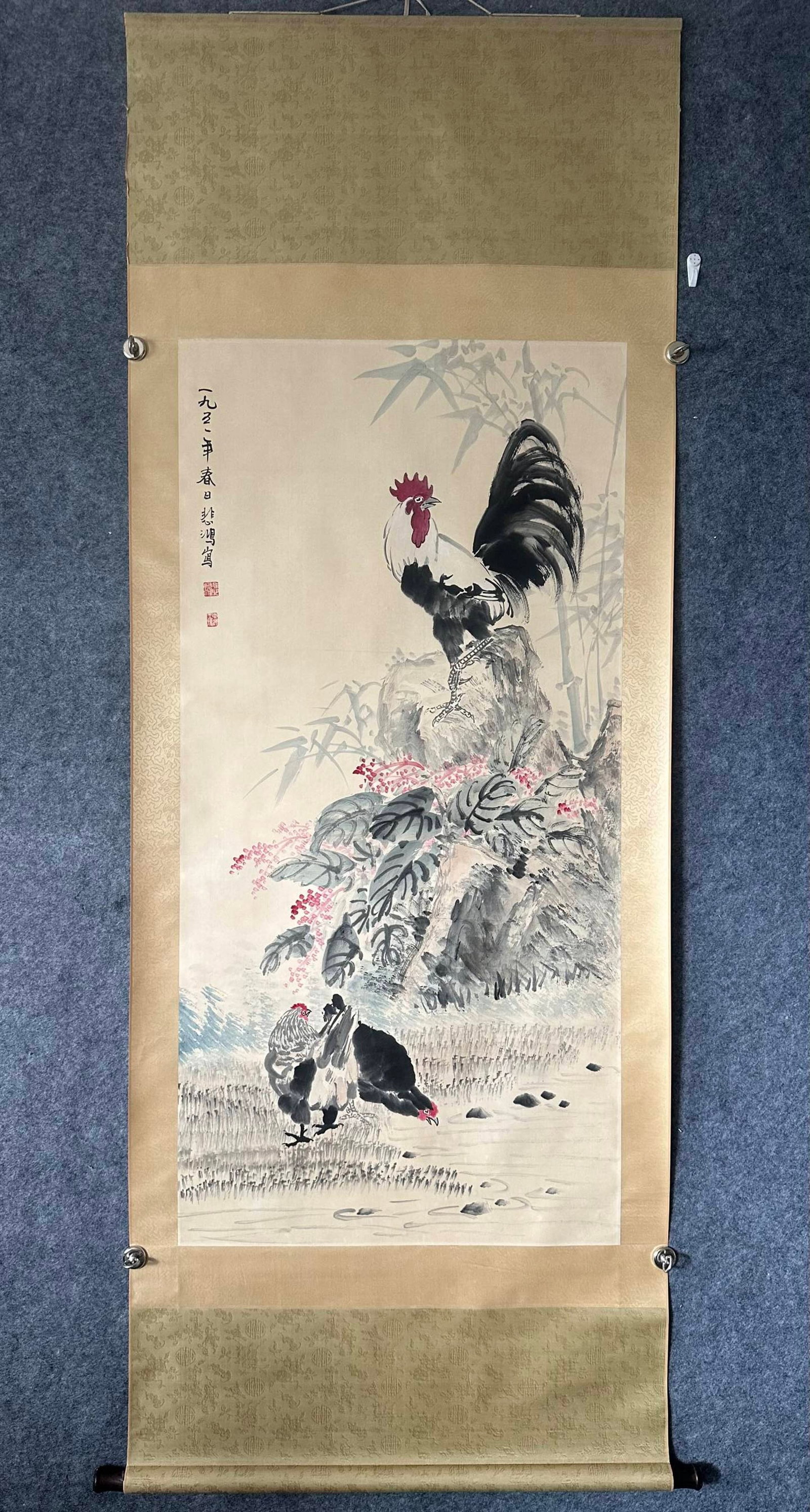 A Chinese Vertical Scroll Ink Painting of Flower and Rooster on Paper: A Chinese Vertical Scroll Ink Painting of Flower and Rooster on Paper,Xu Beihong,Size:26.8inx53.9in