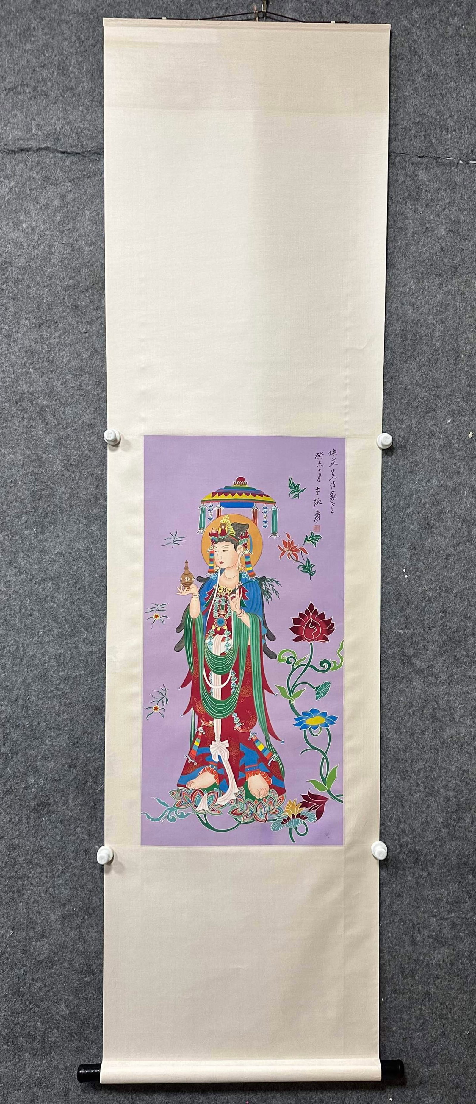 A Chinese Vertical Scroll Ink Painting of Buddha Statue on Silk: A Chinese Vertical Scroll Ink Painting of Buddha Statue on Silk,Zhang Daqian,Size:16.7inx33.7in 一幅中国水墨绢本佛像画立轴