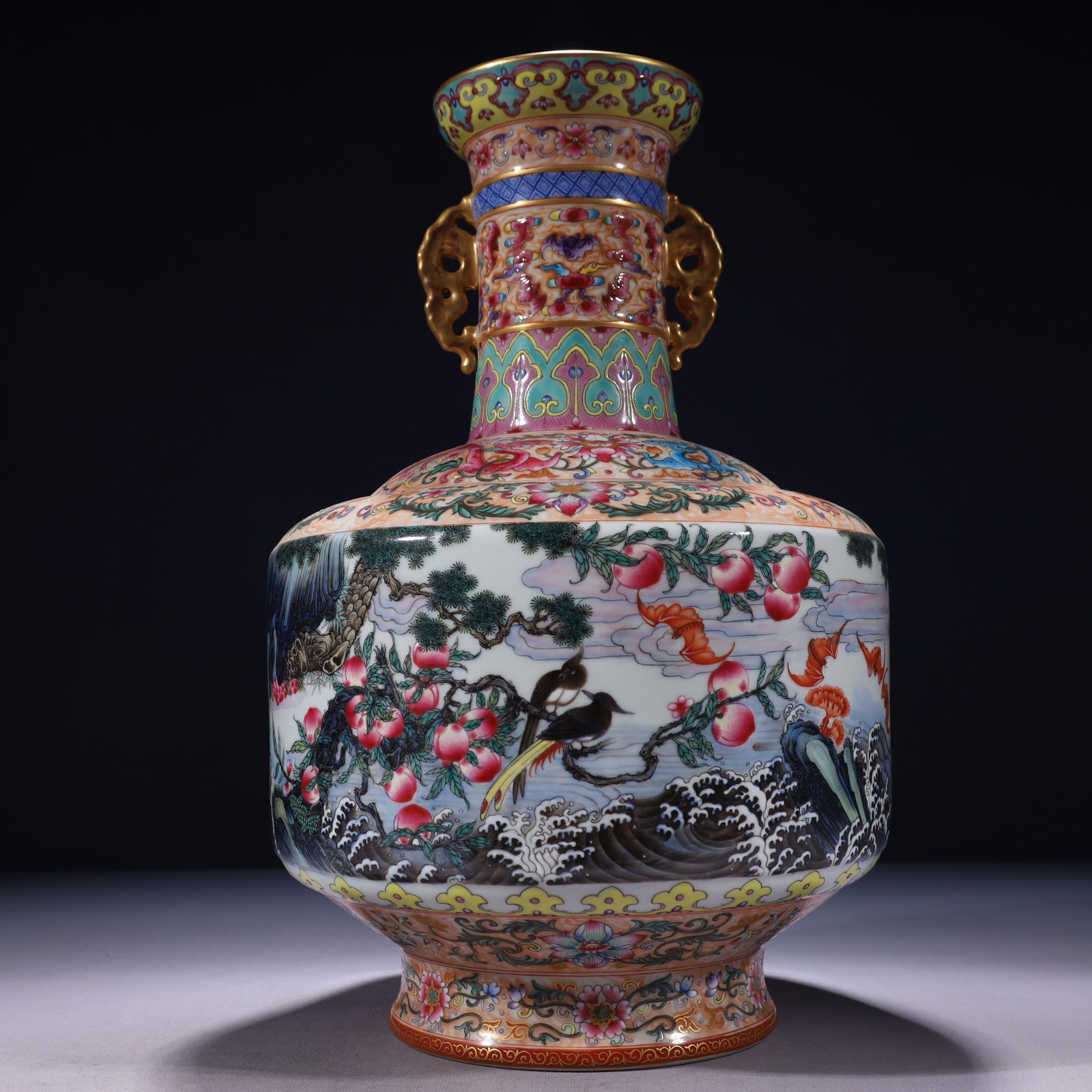 An Exquisite Famille-Rose Painted Gold Bats and Peach Pattern Double-Ears Vase,with poem: An Exquisite Famille-Rose Painted Gold Bats and Peach Pattern Double-Ears Vase,with poem,Qing Dynasty,China,Qianlong Six-character Mark,Size:9.4inx15.4in,Weight:4850g