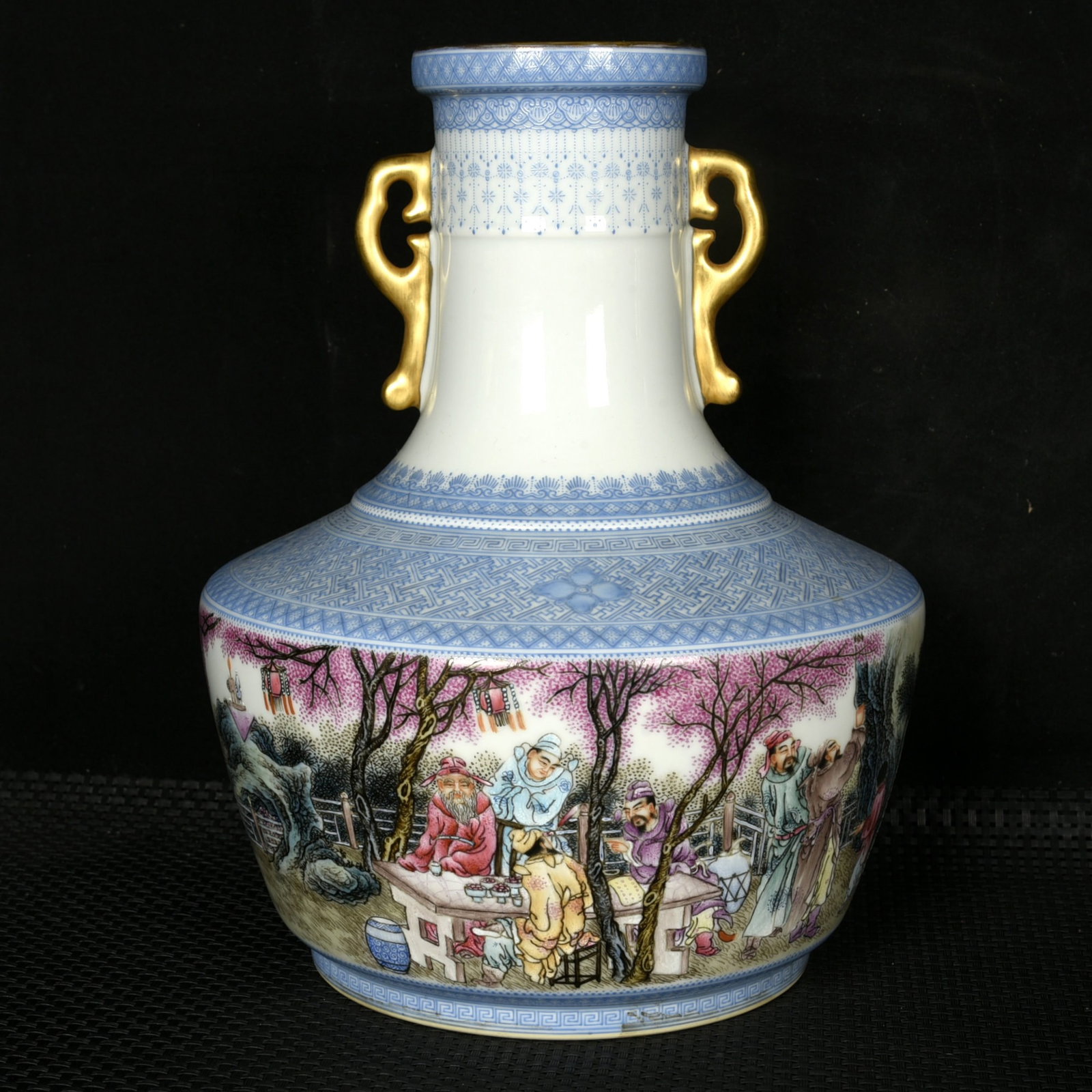 An Exquisite Enamel Painted Gold Character and Story Pattern Double-Ears Vase: An Exquisite Enamel Painted Gold Character and Story Pattern Double-Ears Vase,Qing Dynasty,China,Yongzheng Six-character Mark,Size:10.2inx8.3in