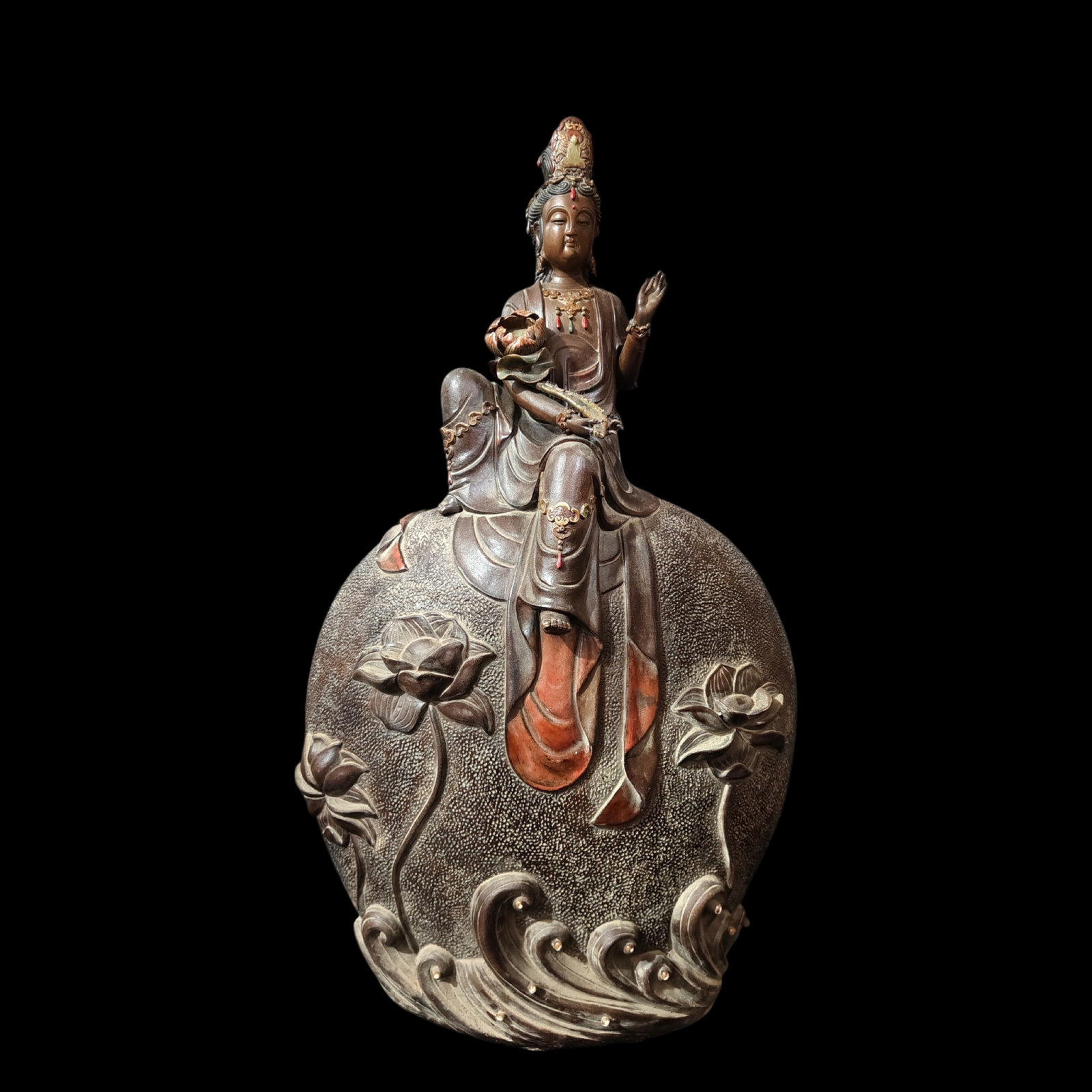 A Solemn Shiwan yao Statue of Avalokitesvara: A Solemn Shiwan yao Statue of Avalokitesvara,Qing Dynasty,China,With Mark,Size:17.7inx8.7inx28in 石湾窑观音像,中国清代,带款