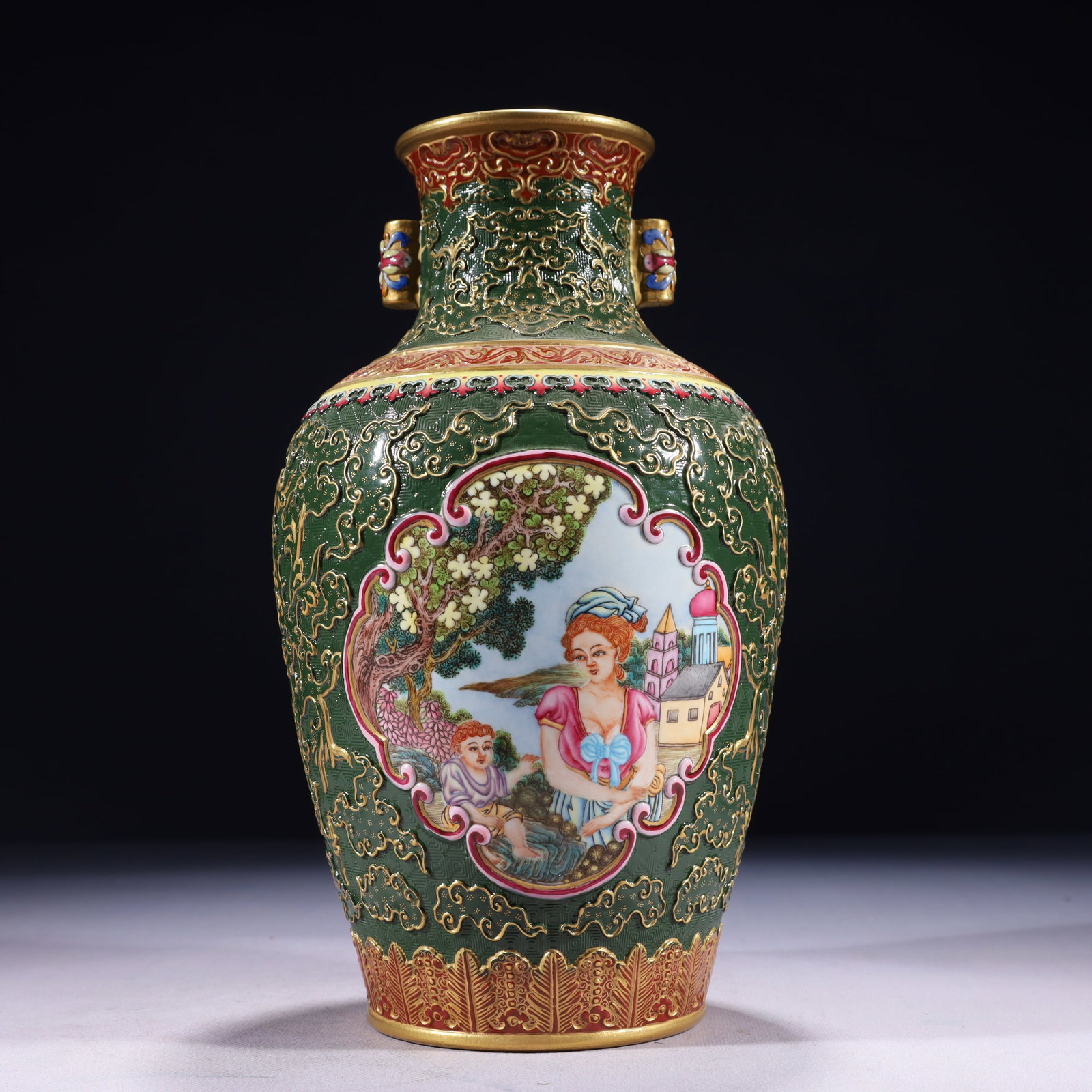 An Exquisite Green Ground Enamel Painted Gold Character and Story Pattern Beast-Ears Vase: An Exquisite Green Ground Enamel Painted Gold Character and Story Pattern Beast-Ears Vase,Qing Dynasty,China,Qianlong Six-character Mark,Size:5.5inx11in,Weight:1650g 绿地珐琅&#