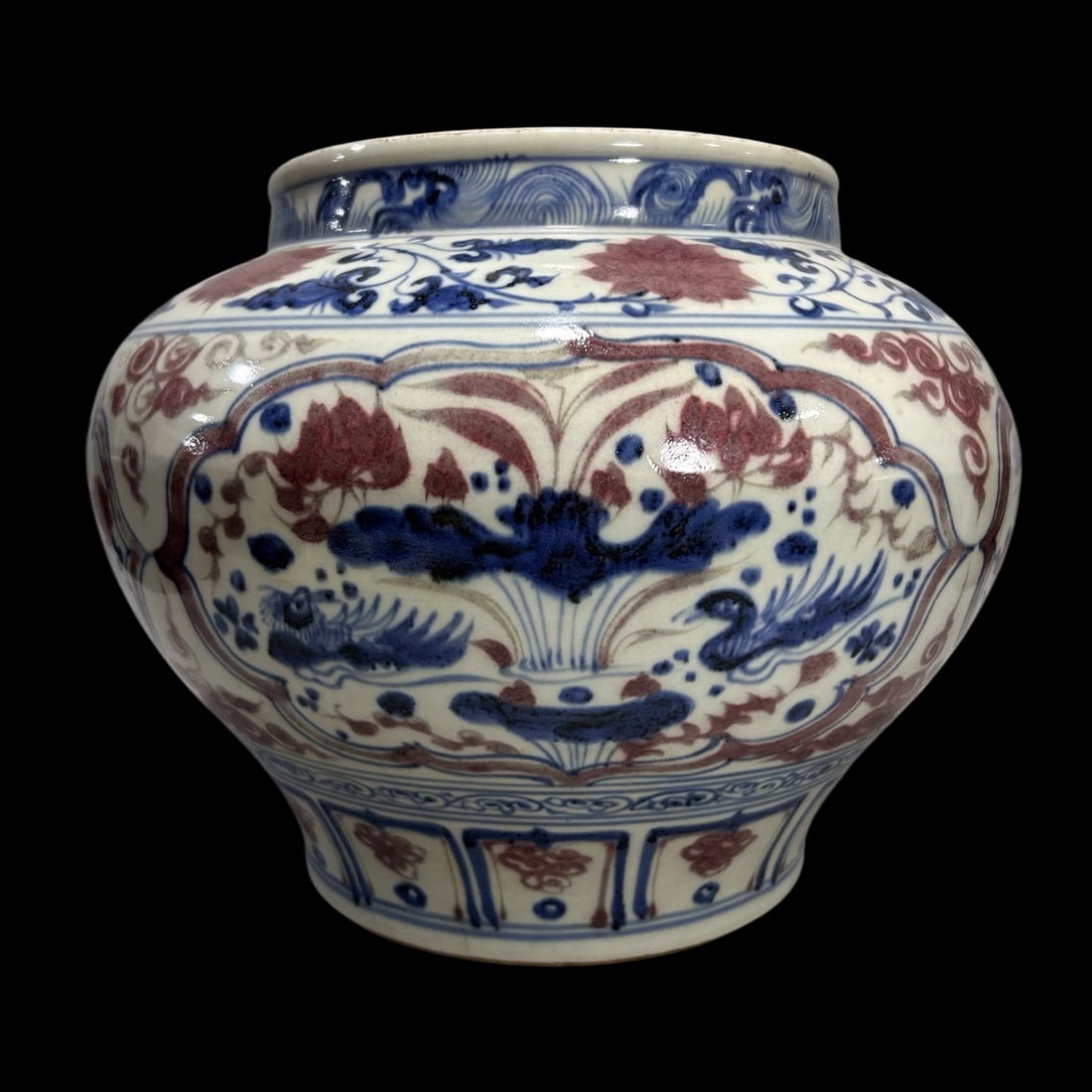 An Exquisite Blue and White Underglaze-Red Lotus and Mandarin Duck Pattern Jar: An Exquisite Blue and White Underglaze-Red Lotus and Mandarin Duck Pattern Jar,Qing Dynasty,China,Size:9.8inx10.4in