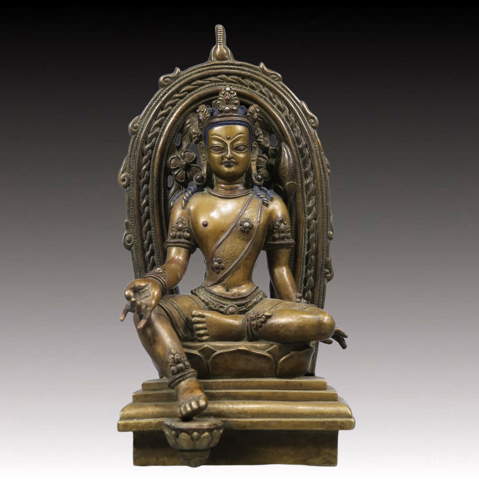 A Solemn Bronze Statue of Tara, With Inscription: A Solemn Bronze Statue of Tara, With Inscription, Qing Dynasty, China, Size:5.1inx5.3inx10.6in, Weight:3750g