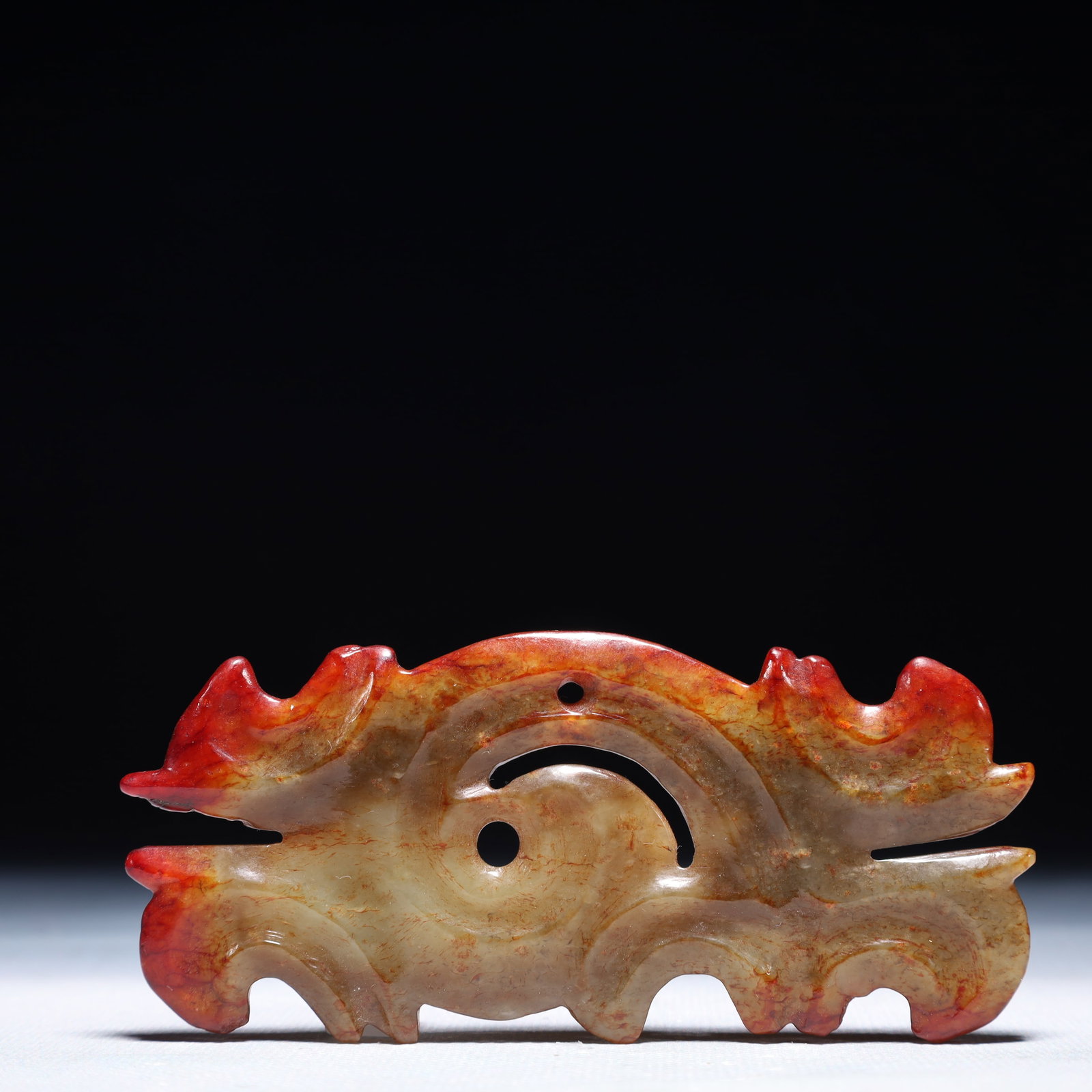 An Archaic Hongshan Culture Red Jade Auspicious Cloud Pattern Pendant: An Archaic Hongshan Culture Red Jade Auspicious Cloud Pattern Pendant,Ancient Time,China,Size:4.3inx1.8in,Weight:49.5g 红山文化红玉祥云纹挂&