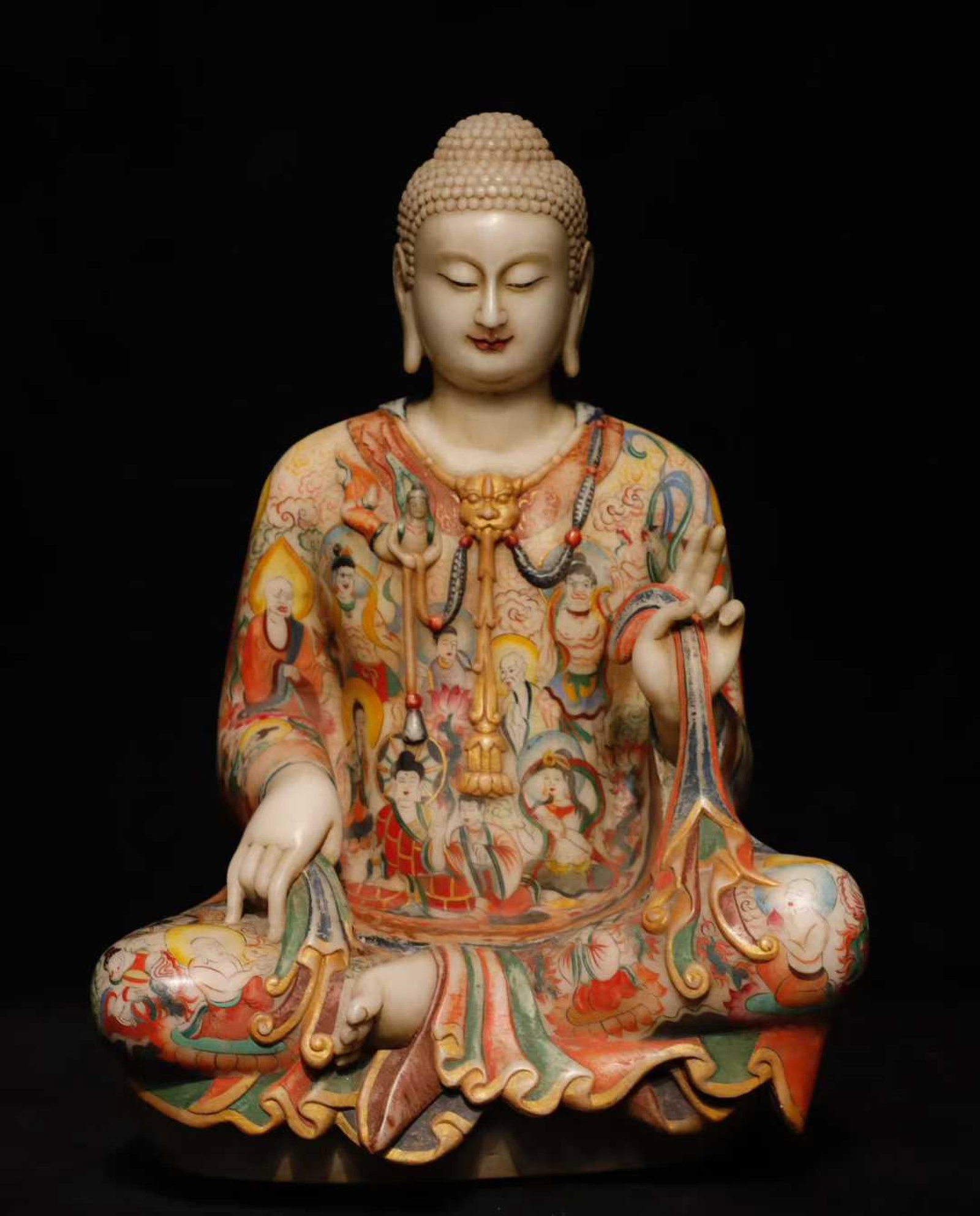 A Solemn Marble Painted Color Statue of Sakyamuni: A Solemn Marble Painted Color Statue of Sakyamuni,N.Qi,China,Size:26.8inx18.9inx14.2in