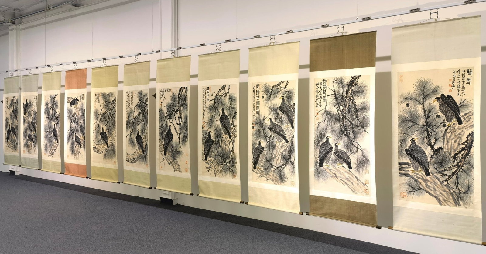 A Set of Chinese Vertical Scroll Ink Painting of Pine and Eagle on Paper: A Set of Chinese Vertical Scroll Ink Painting of Pine and Eagle on Paper,Qi Baishi,Size:(entirety)78.7inx31.5in,(Without frame)54.3inx26.8in 一套中国水墨松