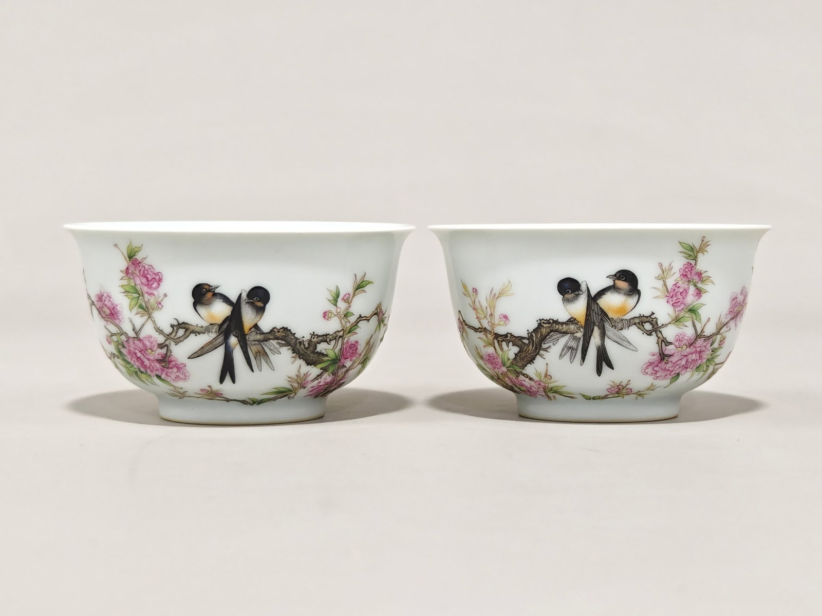 A Pair of Exquisite Enamel Flower and Bird Pattern Cups,with poem: A Pair of Exquisite Enamel Flower and Bird Pattern Cups,with poem,Qing Dynasty,China,Yongzheng Four-character Mark,Size:1.7inx3.1in 一对珐琅彩花鸟纹