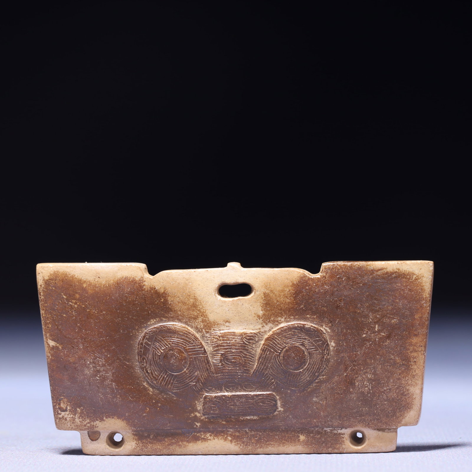 An Archaic Hongshan Culture Yellow Jade Beast-Face Pattern Pendant: An Archaic Hongshan Culture Yellow Jade Beast-Face Pattern Pendant,Ancient Time,China,Size:1inx2.9in,Weight:159g 红山文化黄玉兽面纹挂件