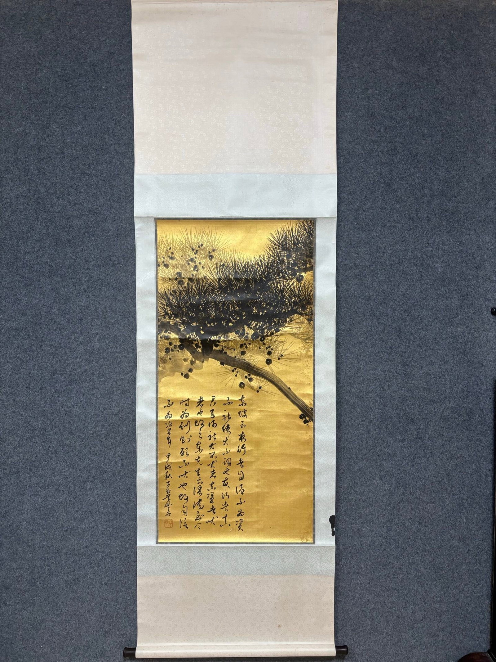 A Chinese Vertical Scroll Ink Painting of Pine on Silk: A Chinese Vertical Scroll Ink Painting of Pine on Silk,Wu Peifu,Size:48.4inx23.6in 一幅中国水墨绢本松树画立轴,吴