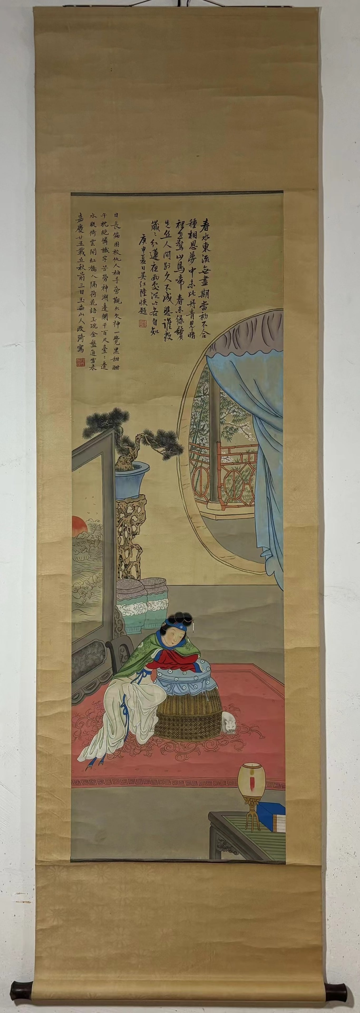 A Chinese Vertical Scroll Ink Painting of Character and Story on Silk: A Chinese Vertical Scroll Ink Painting of Character and Story on Silk,Gai Qi,Size:53.9inx17.3in