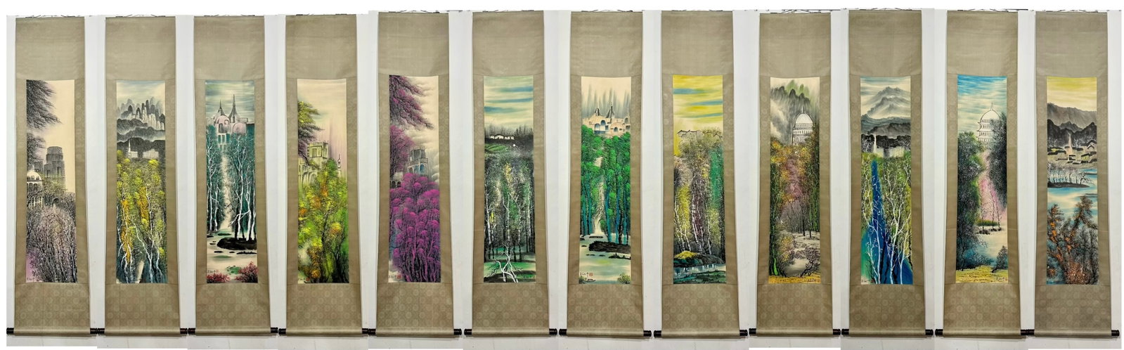 A Set of Chinese Vertical Scroll Ink Painting of Landscape on Paper: A Set of Chinese Vertical Scroll Ink Painting of Landscape on Paper,Wu Guanzhong,Size:(entirety)84.6inx18.9in,(Without frame)54.3inx13.4in