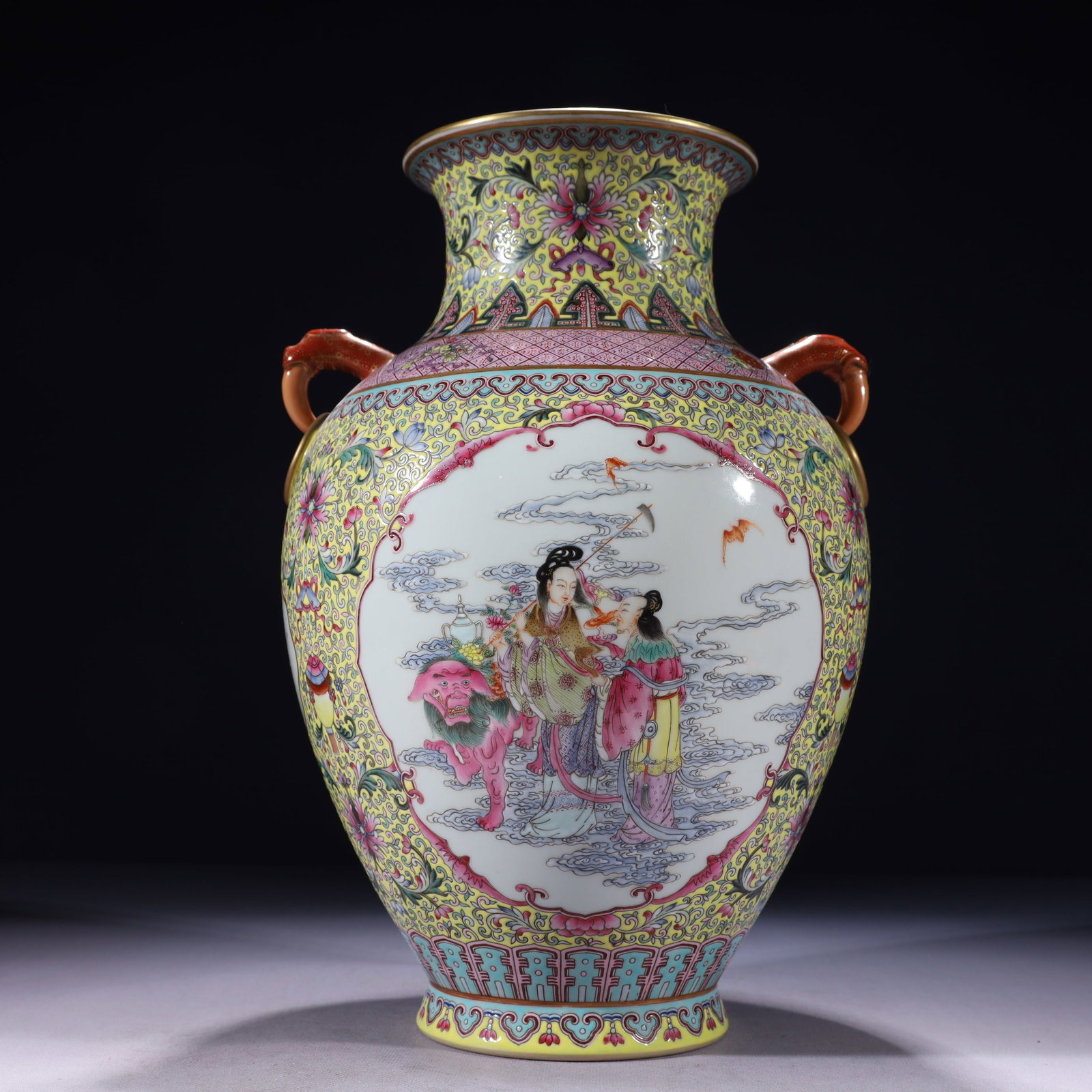 An Exquisite Yellow Ground Enamel Painted Gold Character and Story Pattern Double-Ears Vase: An Exquisite Yellow Ground Enamel Painted Gold Character and Story Pattern Double-Ears Vase,Qing Dynasty,China,Qianlong Six-character Mark,Size:9.1inx13.8in,Weight:3200g