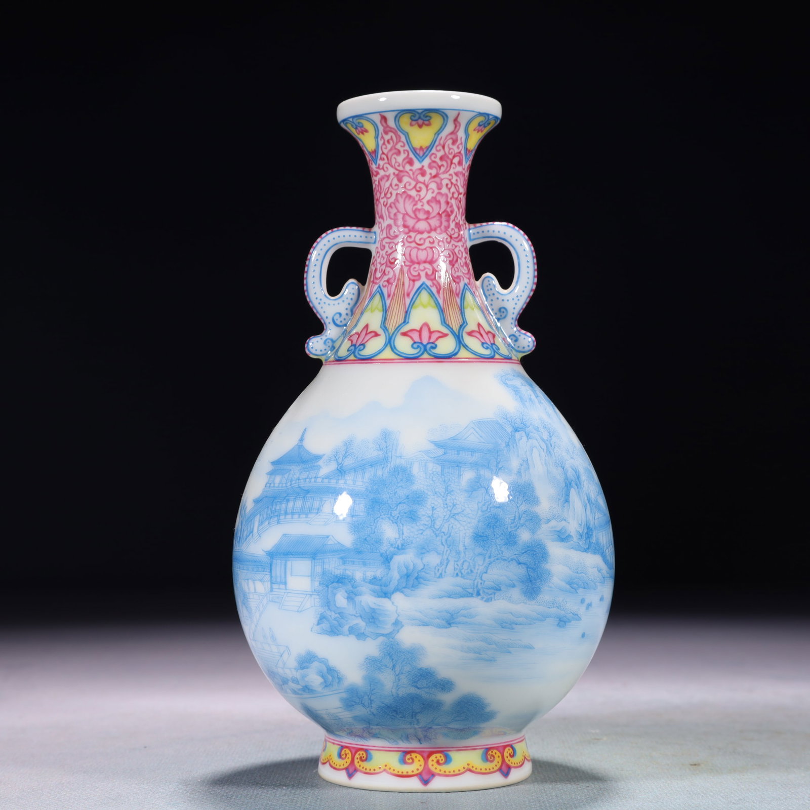 An Exquisite Sapphire Blue Glazed Landscape Pattern Double-Ears Vase,with poem: An Exquisite Sapphire Blue Glazed Landscape Pattern Double-Ears Vase,with poem,Qing Dynasty,China,Qianlong Four-character Mark,Size:3.3inx6.7in,Weight:250g 宝石蓝釉山
