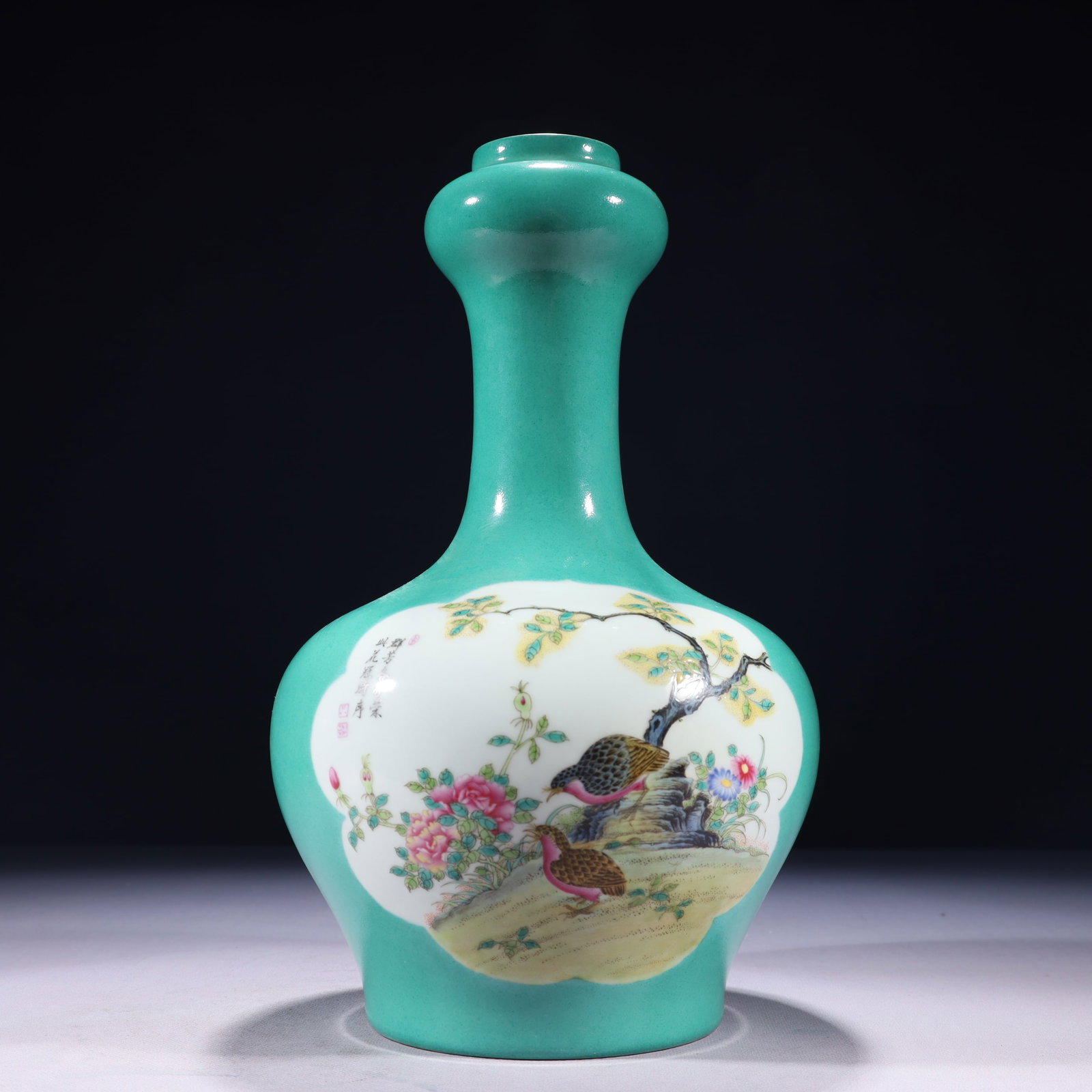 An Exquisite Green Ground Famille-Rose Painted Gold Flower and Bird Pattern Vase,with poem: An Exquisite Green Ground Famille-Rose Painted Gold Flower and Bird Pattern Vase,with poem,Qing Dynasty,China,Yongzheng Six-character Mark,Size:7.1inx13.4in,Weight:1950g 绿地粉ঊ