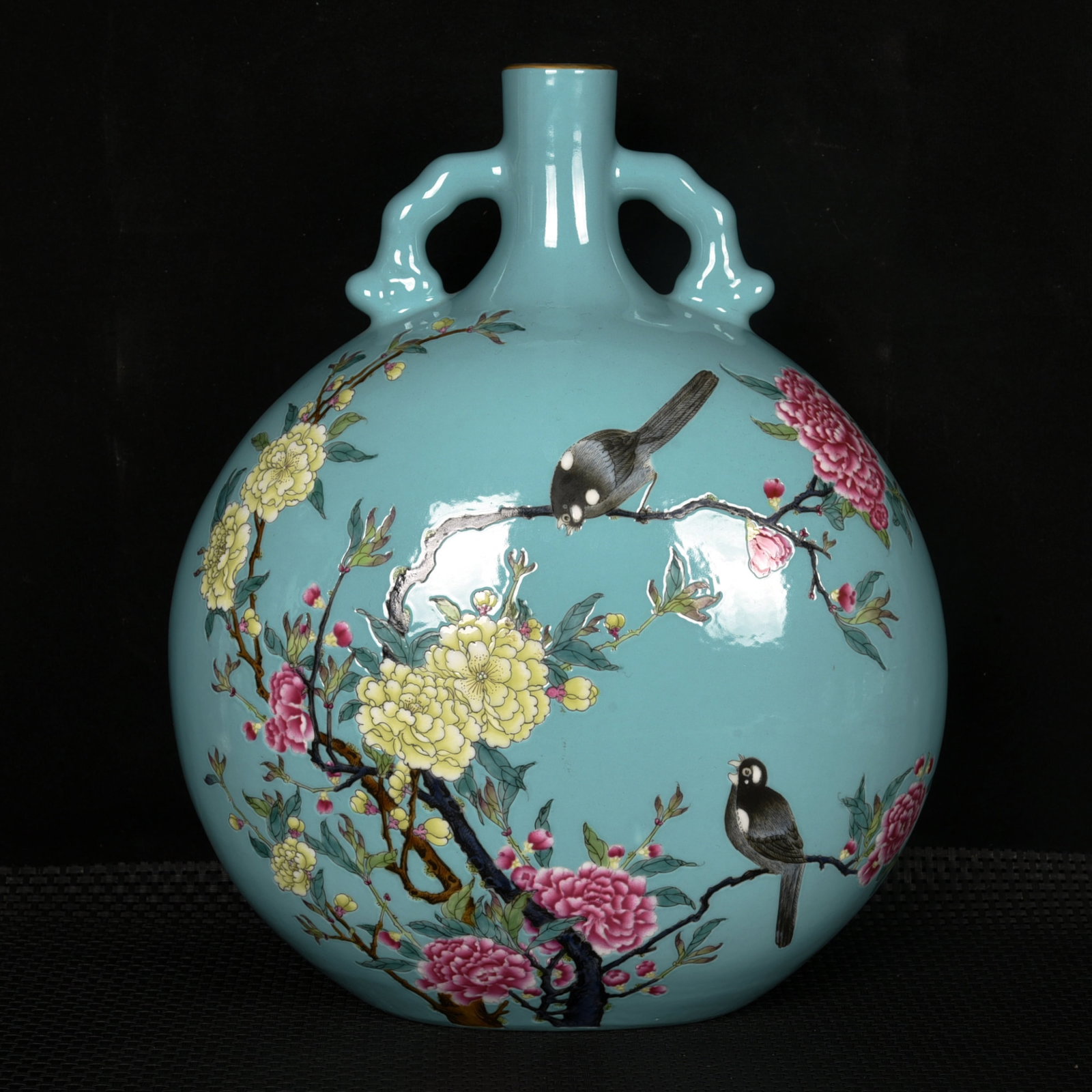A Rare Turquoise Glazed Enamel Painted Gold Flower and Bird Pattern Double-Ears Vase: A Rare Turquoise Glazed Enamel Painted Gold Flower and Bird Pattern Double-Ears Vase,Qing Dynasty,China,Yongzheng Six-character Mark,Size:11.8inx9.8inx5.9in 松石绿釉珐